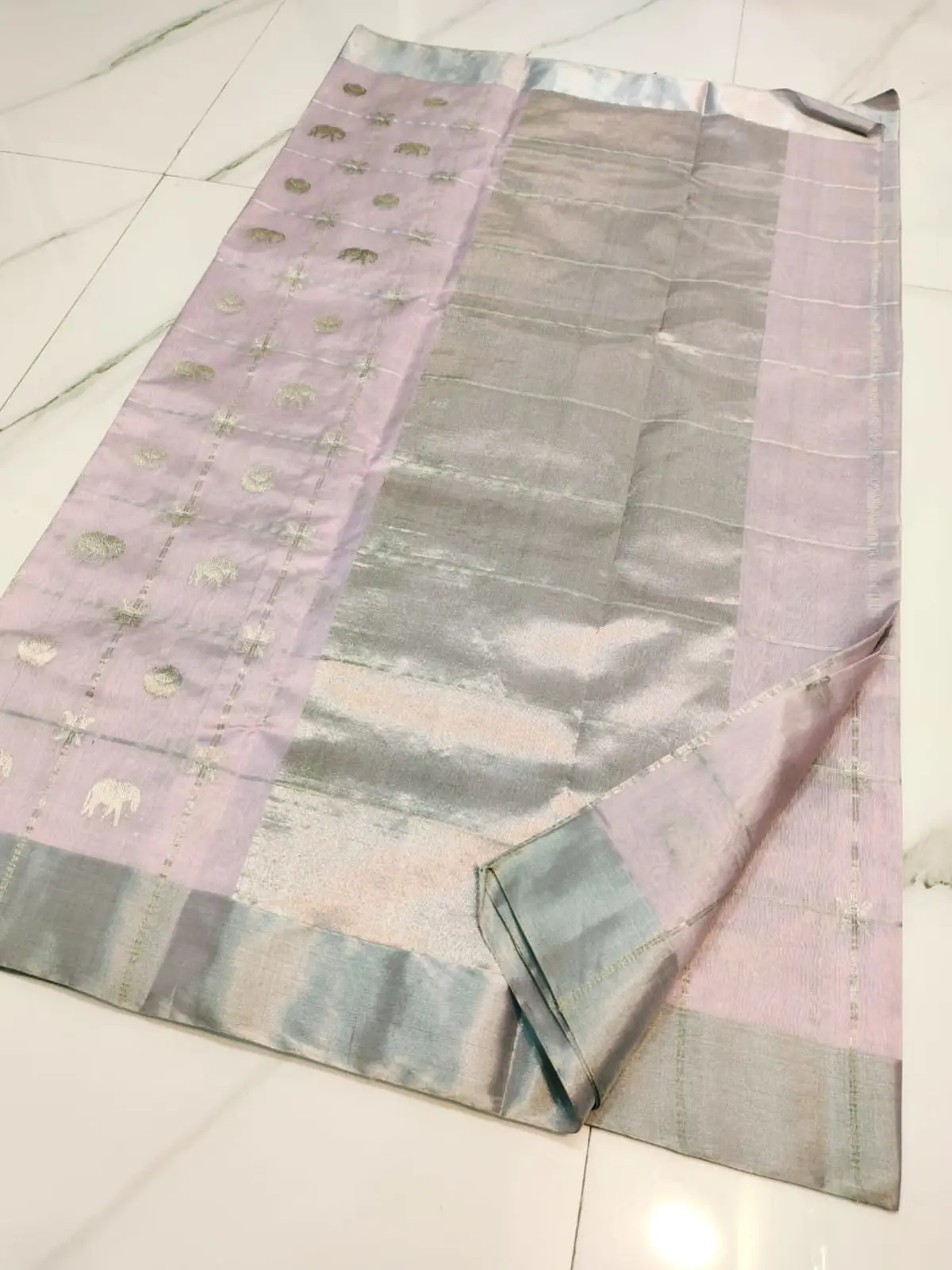 Handwoven Powder Pink & Silver Powder Pink with Elephant Motifs Zari Pattu Silk - Authentic Chanderi Silk Saree Chanderi Saree - View 4