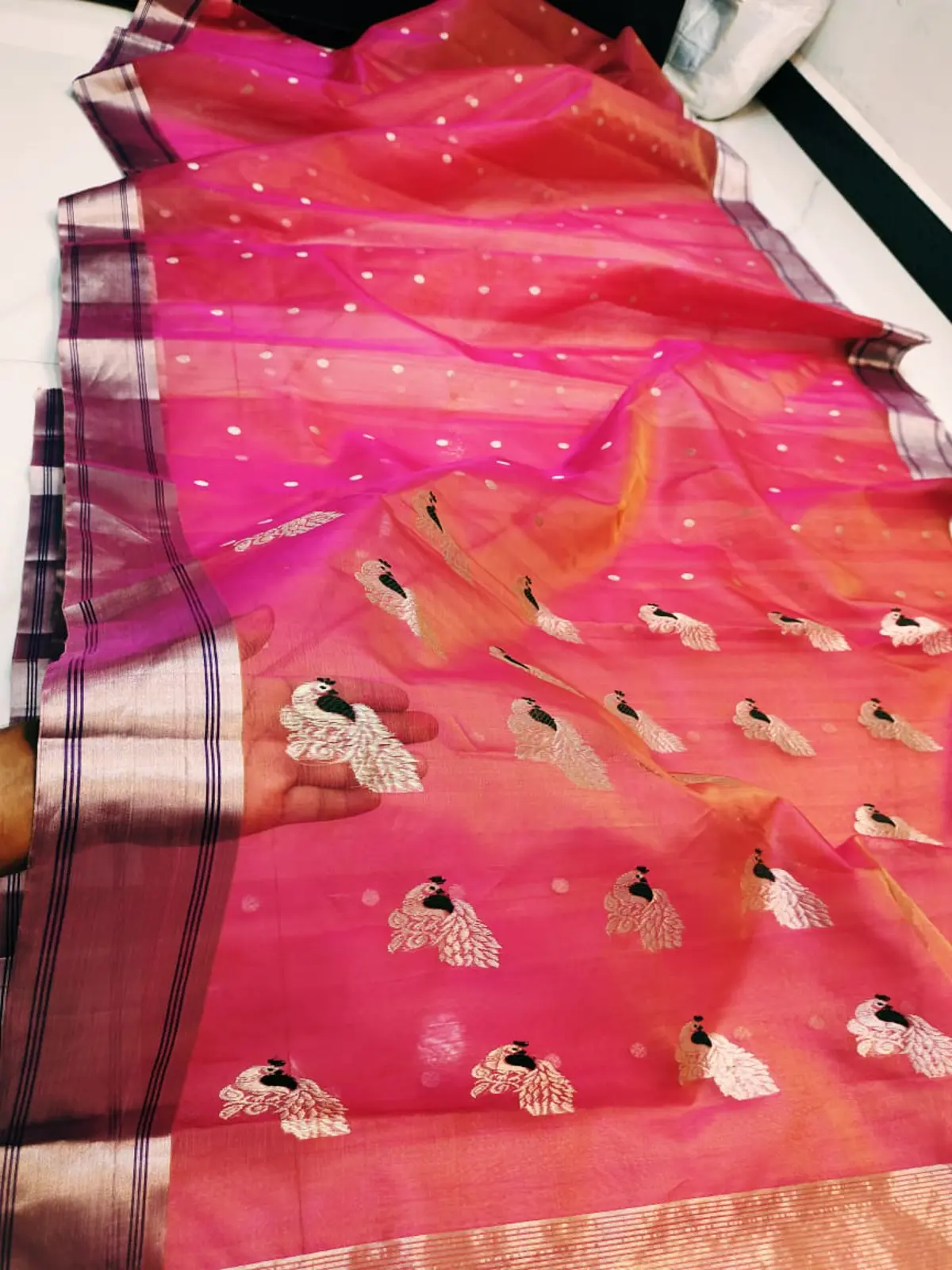 Handwoven Fuchsia & Silver Radiant Fuchsia with Silver Peacock Motifs Kataan Silk - Authentic Chanderi Silk Saree Chanderi Saree - View 1