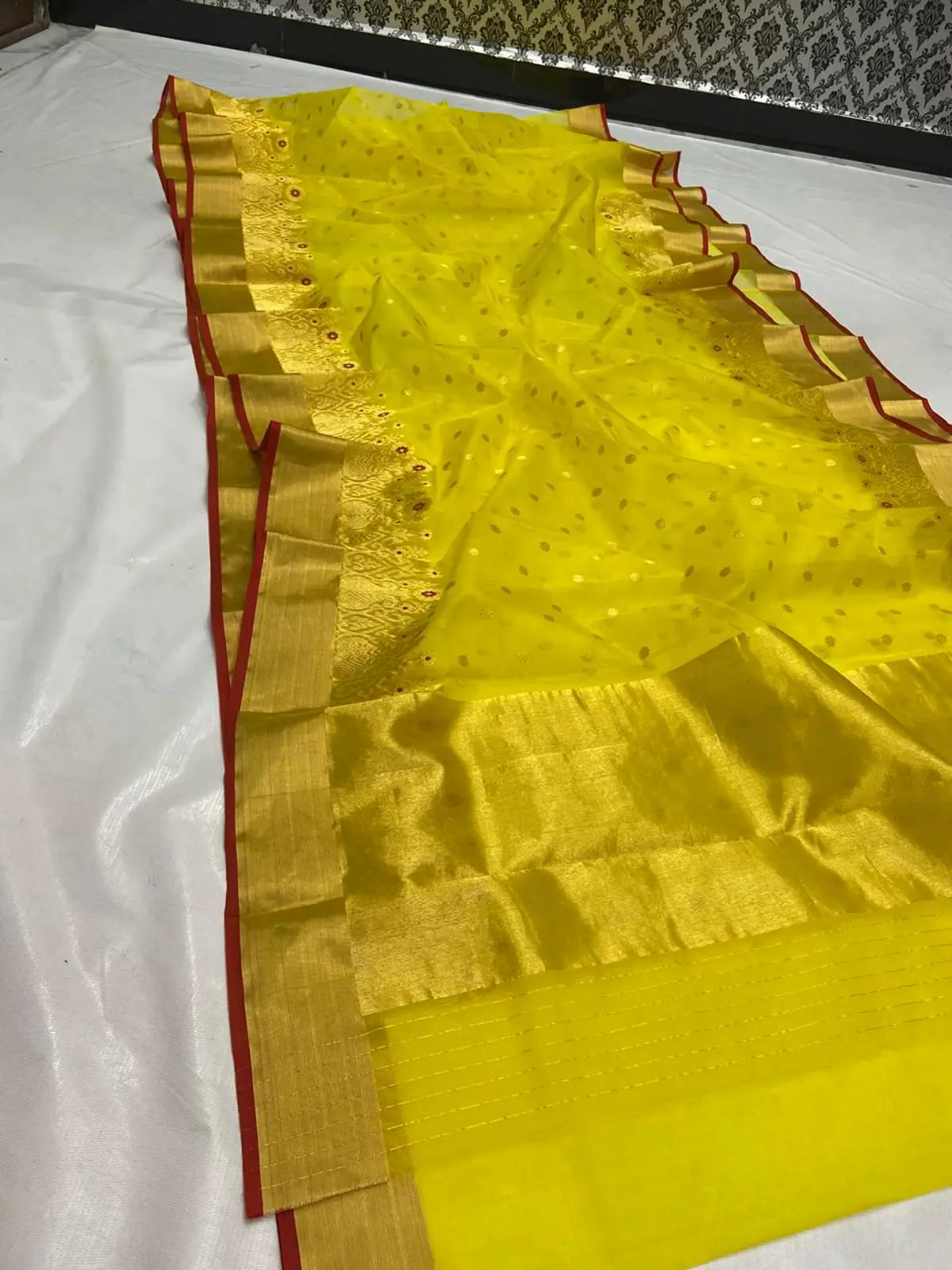 Radiant Marigold with Antique Gold Zari Buttis Chanderi Saree - Handloom Chanderi Saree