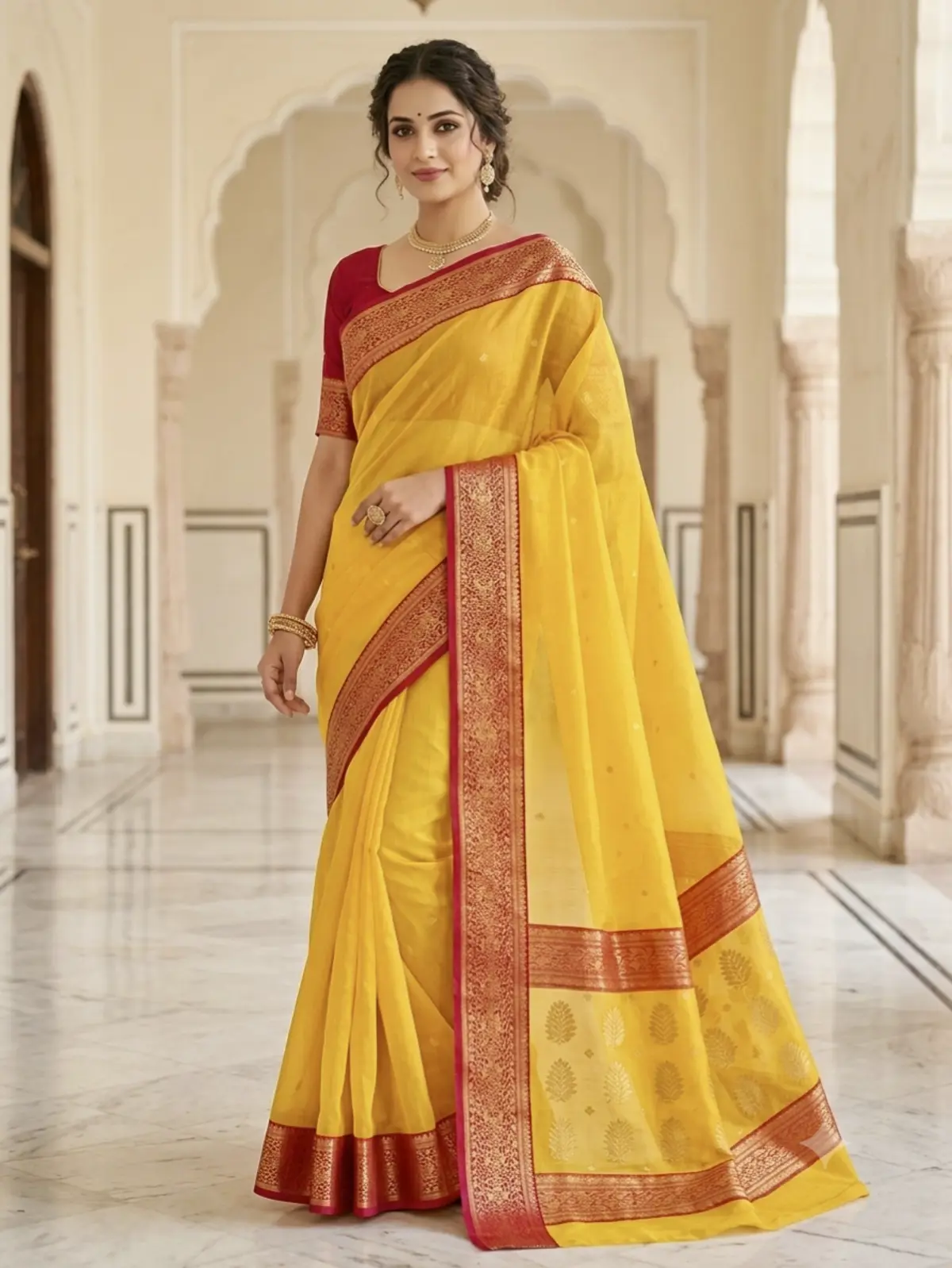 Radiant Saffron with Crimson Zari Kataan Silk