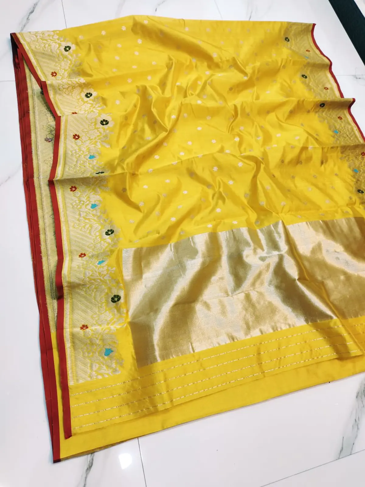 Handwoven Radiant Saffron Radiant Saffron with Floral Booti Zari Pattu Silk - Authentic Chanderi Silk Saree Chanderi Saree - View 2