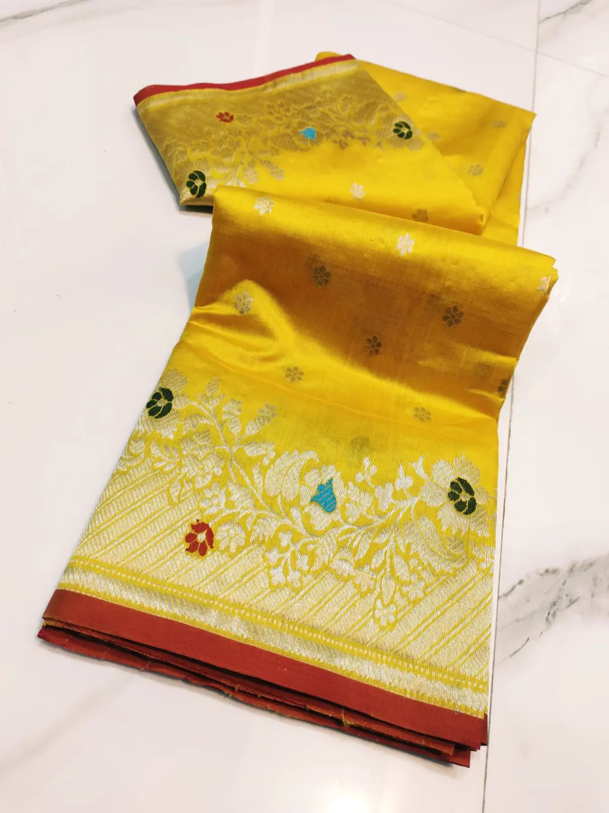 Handwoven Radiant Saffron Radiant Saffron with Floral Booti Zari Pattu Silk - Authentic Chanderi Silk Saree Chanderi Saree - View 5