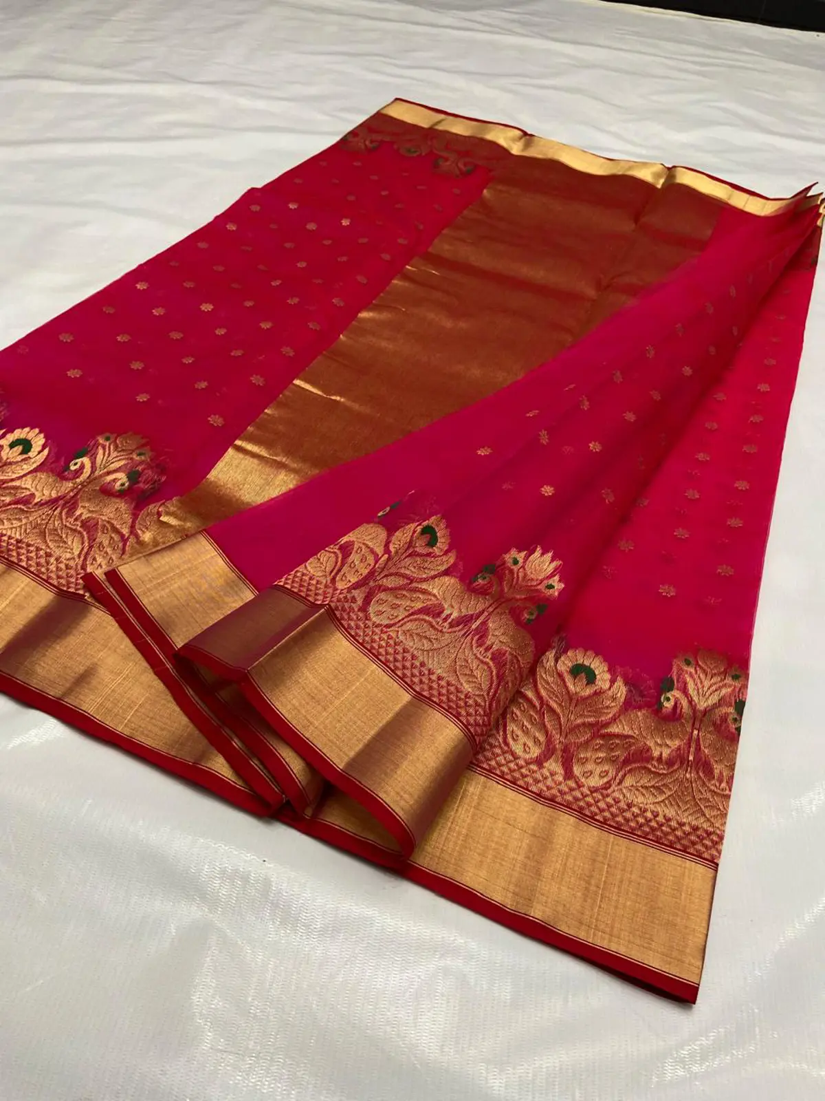 Handwoven Rani Pink Rani Pink with Gilded Zari Booti Kataan Silk - Authentic Chanderi Silk Saree Chanderi Saree - View 2