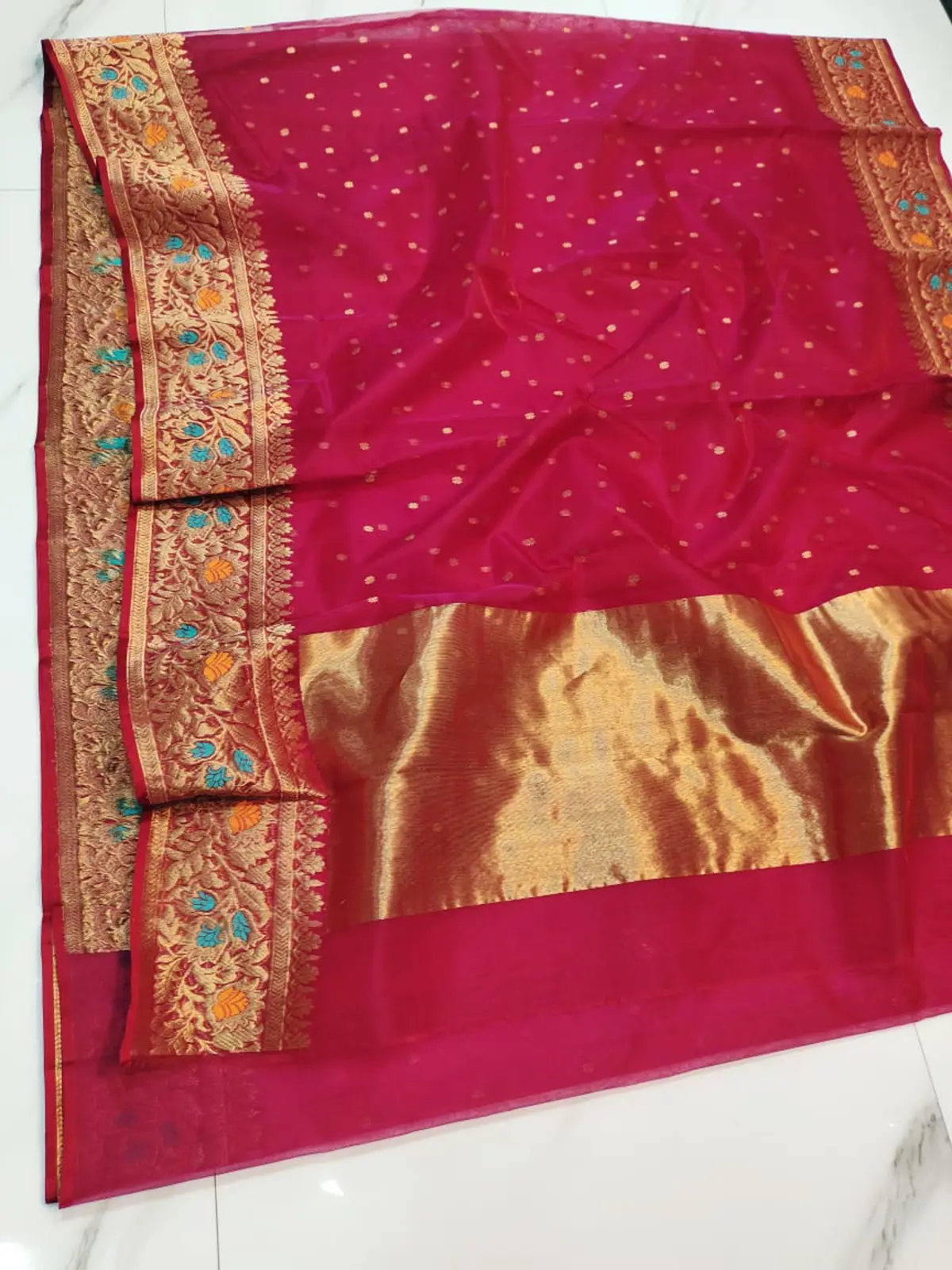 Handwoven Rani Pink & Antique Gold with Meenakari Accents Rani Pink with Opulent Antique Gold Zari Border Kataan Silk - Authentic Chanderi Silk Saree Chanderi Saree - View 3