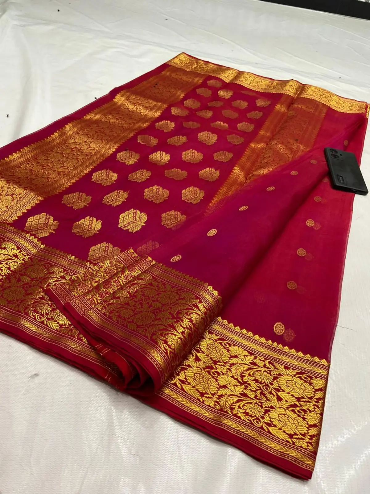Handwoven Rani Ruby & Antique Gold Rani Ruby with Antique Gold Buttis and Border Kataan Silk - Authentic Chanderi Silk Saree Chanderi Saree - View 4