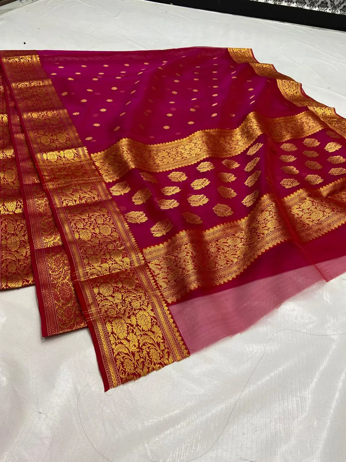 Handwoven Rani Ruby & Antique Gold Rani Ruby with Antique Gold Buttis and Border Kataan Silk - Authentic Chanderi Silk Saree Chanderi Saree - View 5