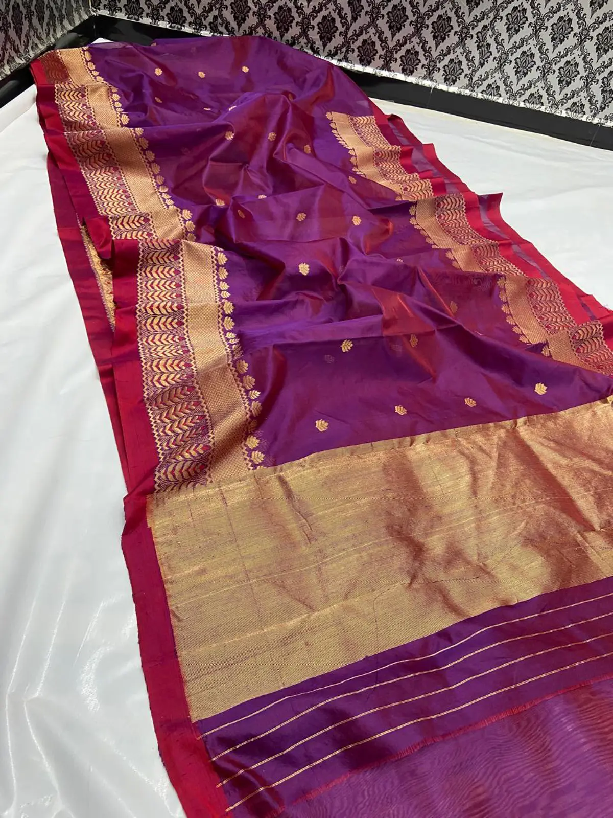 Regal Amethyst & Crimson with Antique Gold Pattu Silk Saree