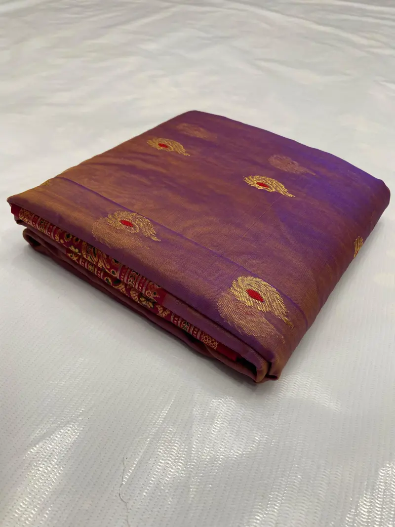 Regal Amethyst with Antique Gold Paisley Motifs and Scarlet Border Kataan Silk