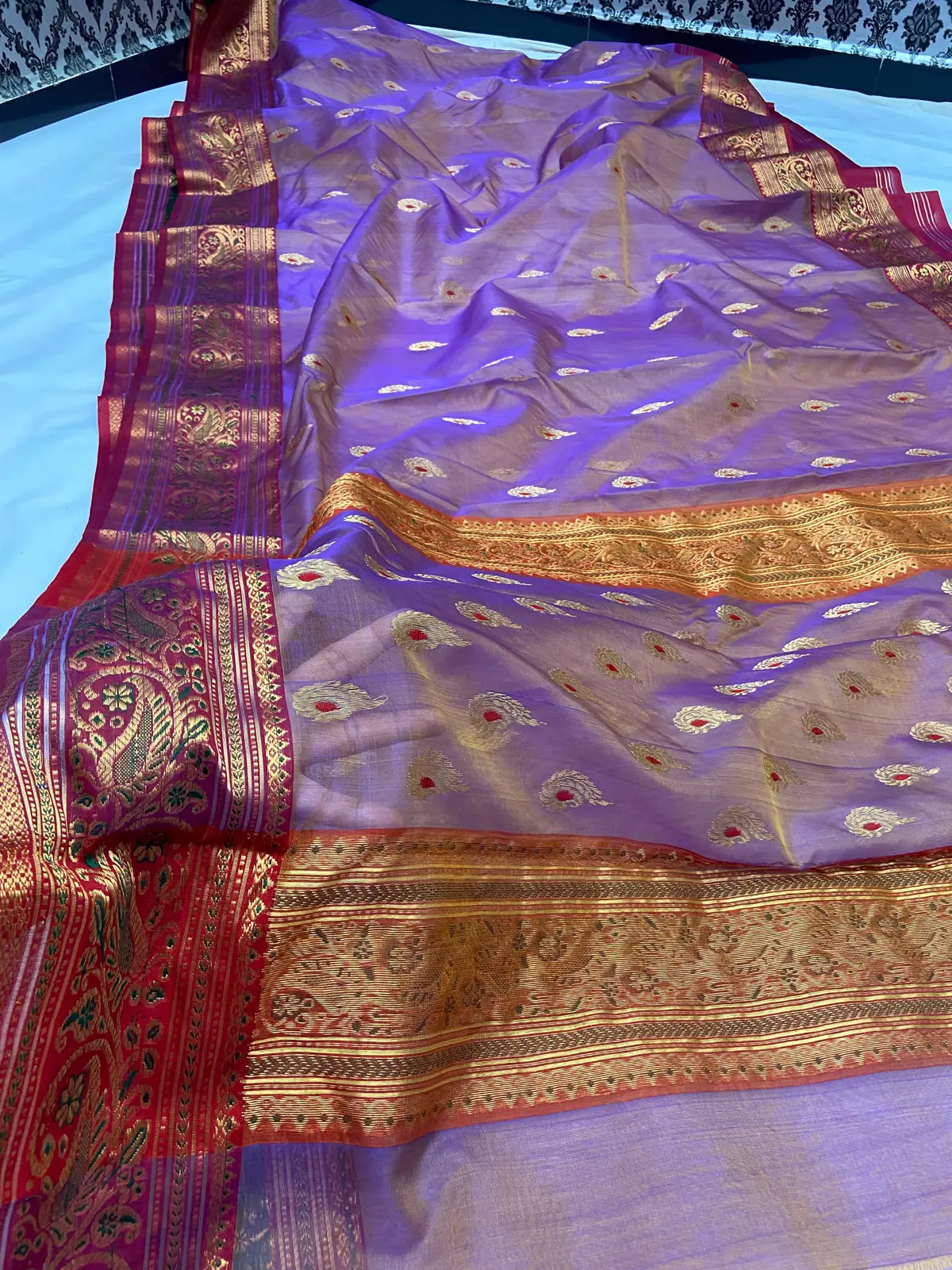 Handwoven Regal Amethyst with Scarlet Accents Regal Amethyst with Antique Gold Paisley Motifs and Scarlet Border Kataan Silk - Authentic Chanderi Silk Saree Chanderi Saree - View 3