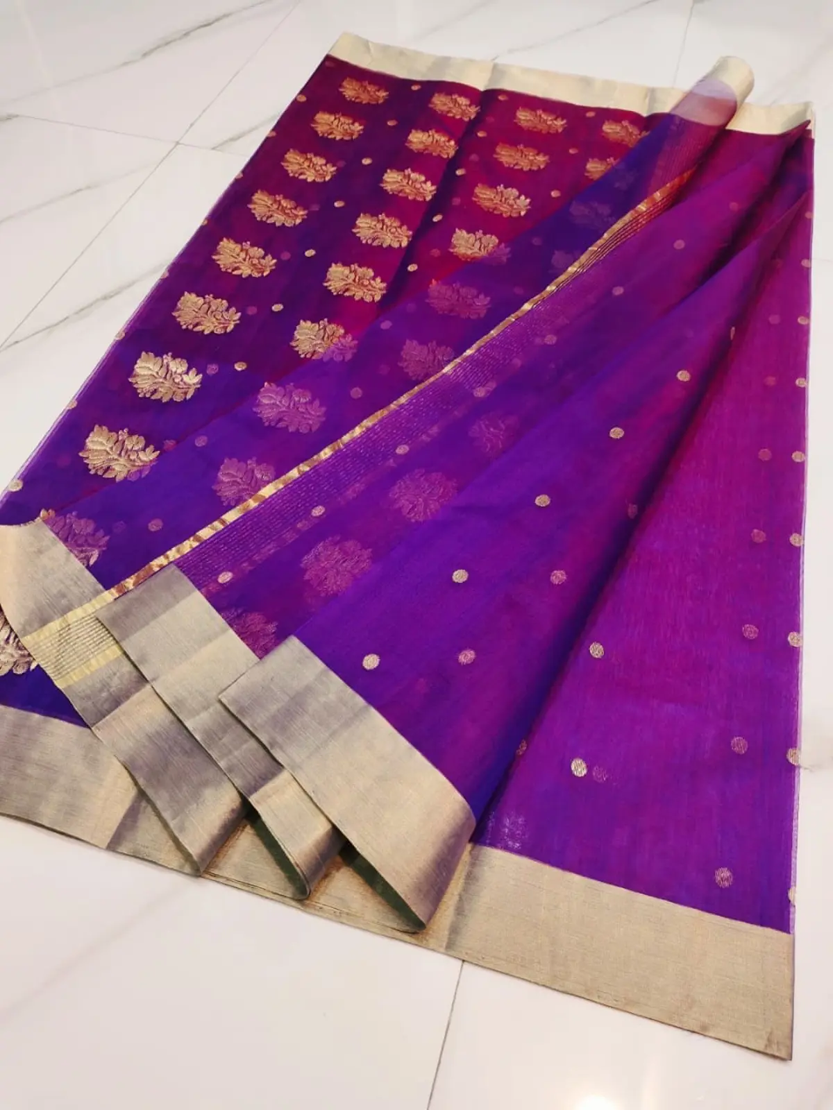 Handwoven Regal Amethyst with Gilded Gold Regal Amethyst with Gilded Gold Kataan Silk Saree - Authentic Chanderi Silk Saree Chanderi Saree - View 3