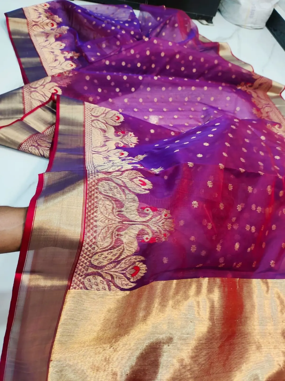 Handwoven Amethyst Purple Regal Amethyst with Opulent Peacock Zari Border Kataan Silk - Authentic Chanderi Silk Saree Chanderi Saree - View 1