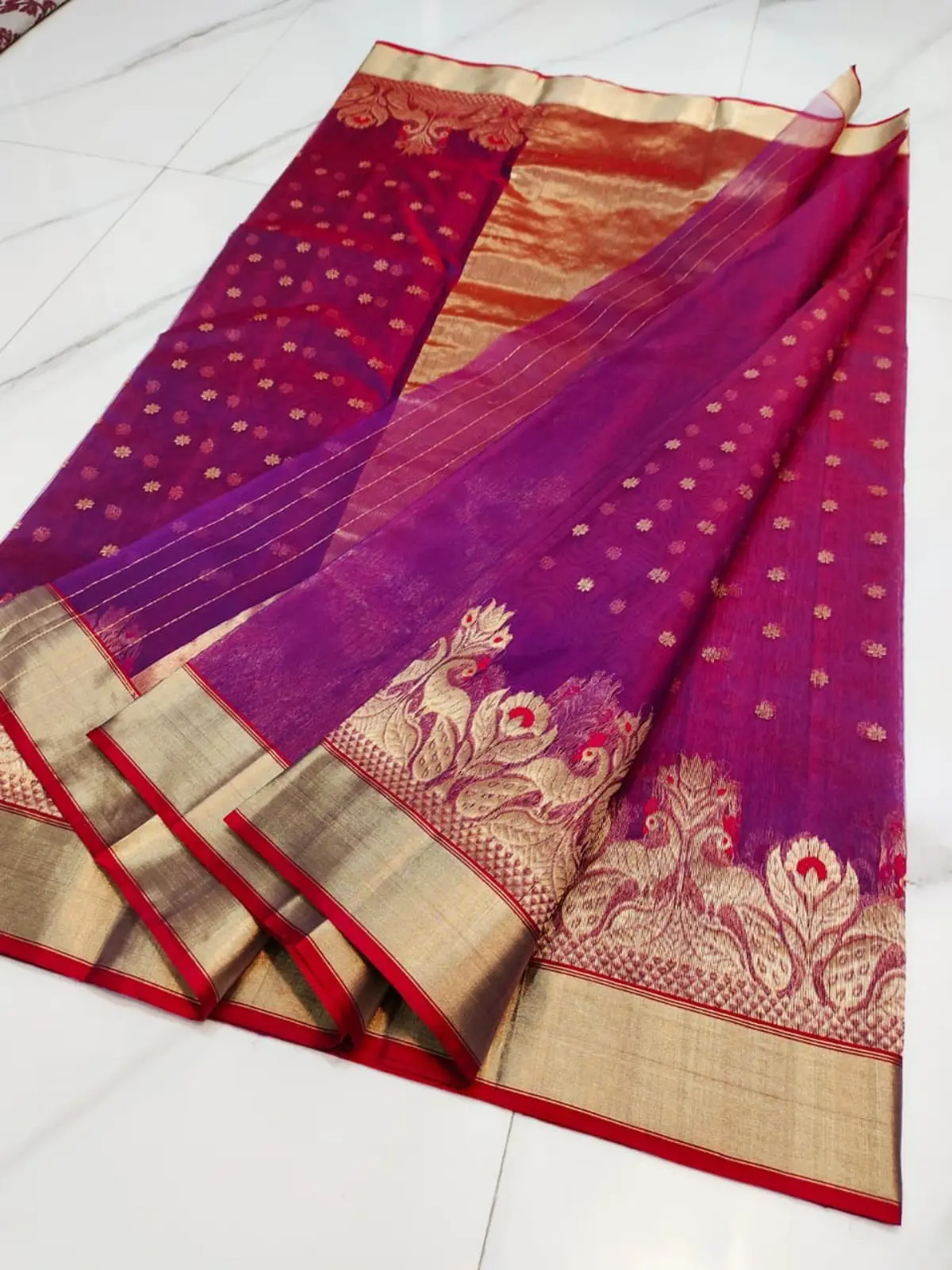 Handwoven Amethyst Purple Regal Amethyst with Opulent Peacock Zari Border Kataan Silk - Authentic Chanderi Silk Saree Chanderi Saree - View 5