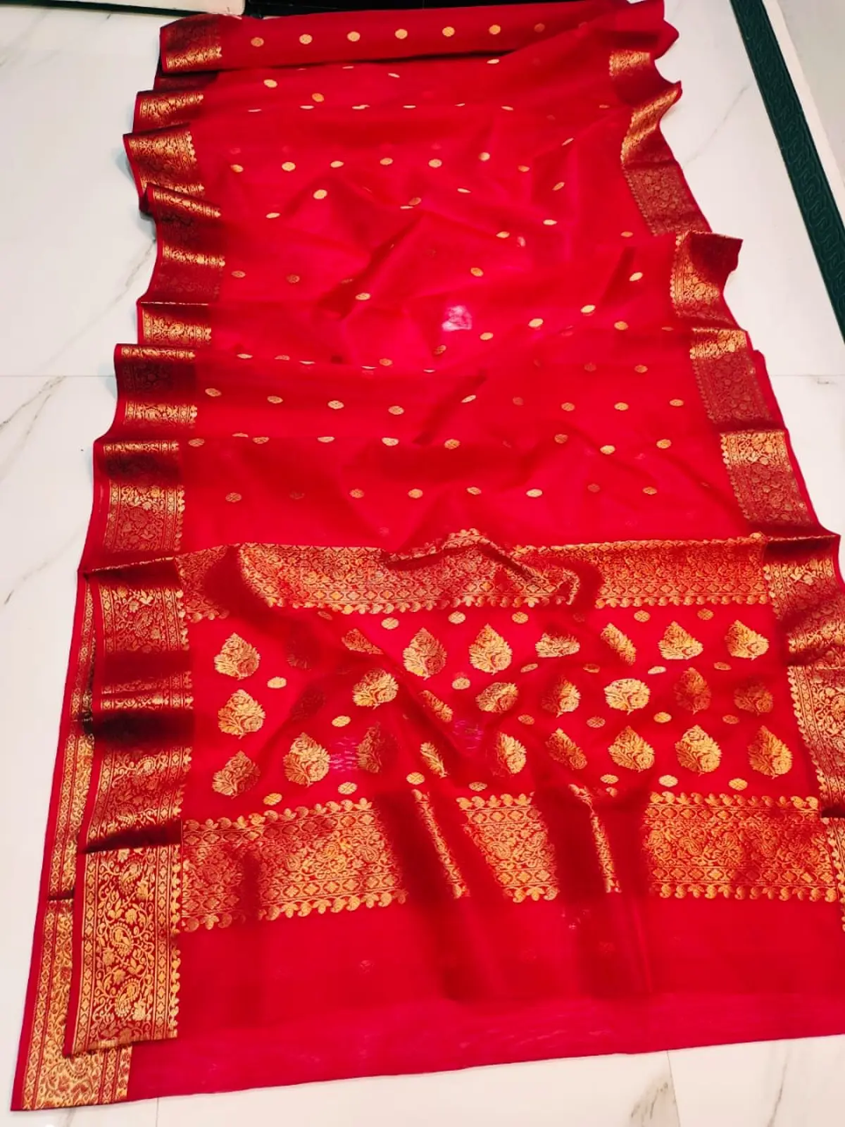 Handwoven Regal Crimson & Antique Gold Regal Crimson with Intricate Gold Zari Buti and Border Kataan Silk - Authentic Chanderi Silk Saree Chanderi Saree - View 2