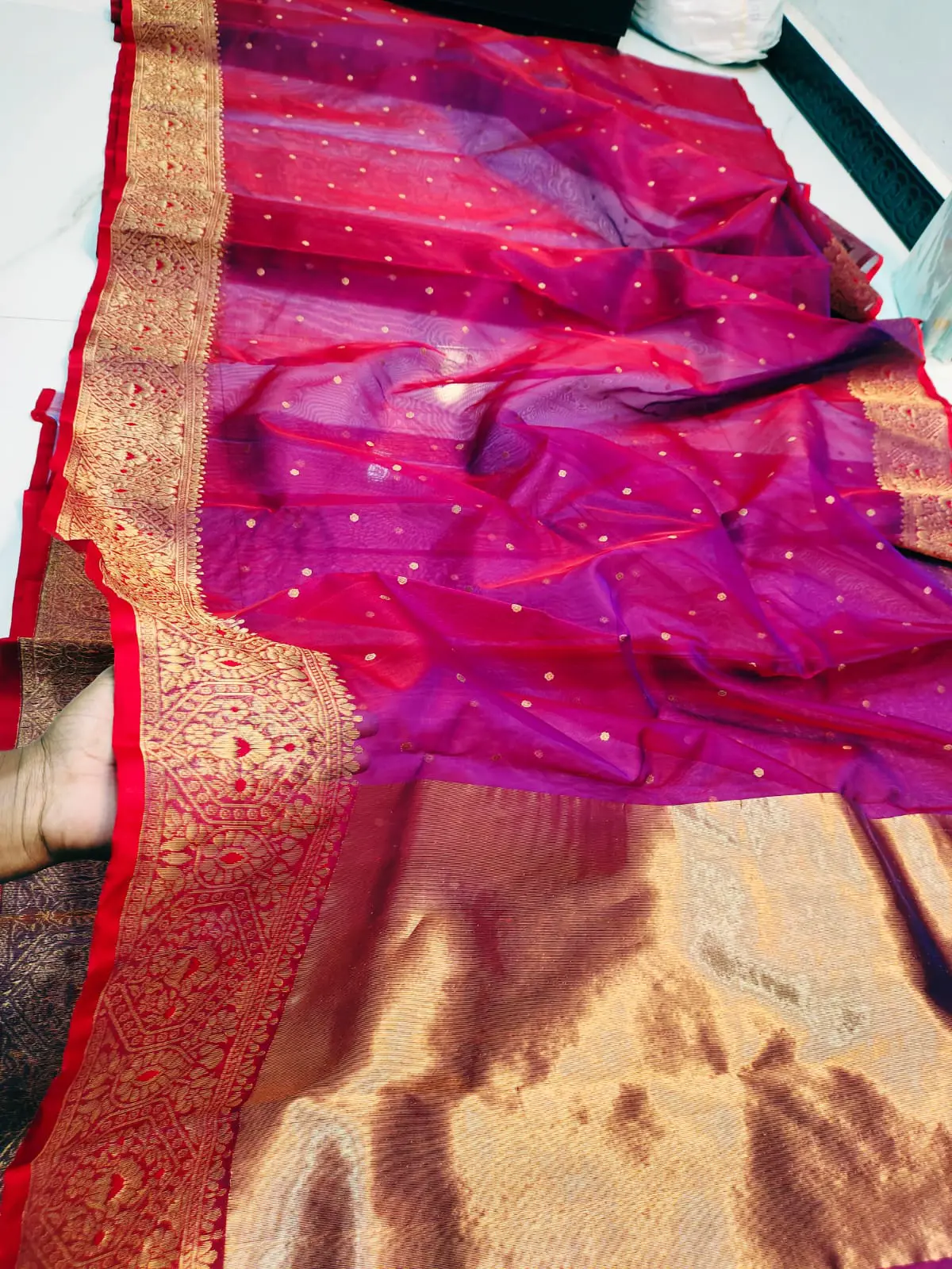 Handwoven Regal Fuchsia & Opulent Gold Regal Fuchsia with Opulent Gold Zari Booti and Brocade Border Kataan Silk - Authentic Chanderi Silk Saree Chanderi Saree