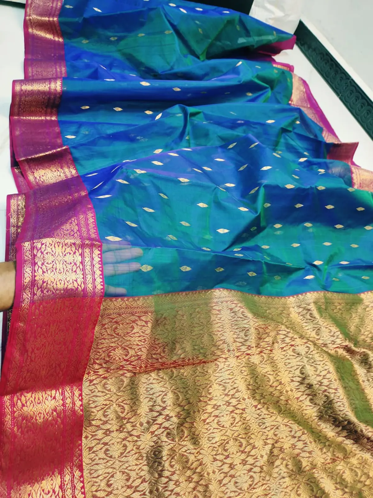 Regal Sapphire with Antique Gold Zari Buttis and Border Chanderi Silk