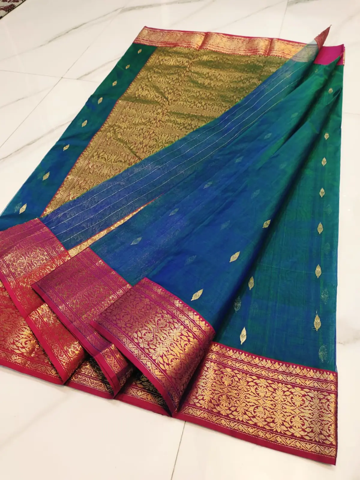 Handwoven Regal Sapphire & Antique Gold Regal Sapphire with Antique Gold Zari Buttis and Border Chanderi Silk - Authentic Chanderi Silk Saree Chanderi Saree - View 4