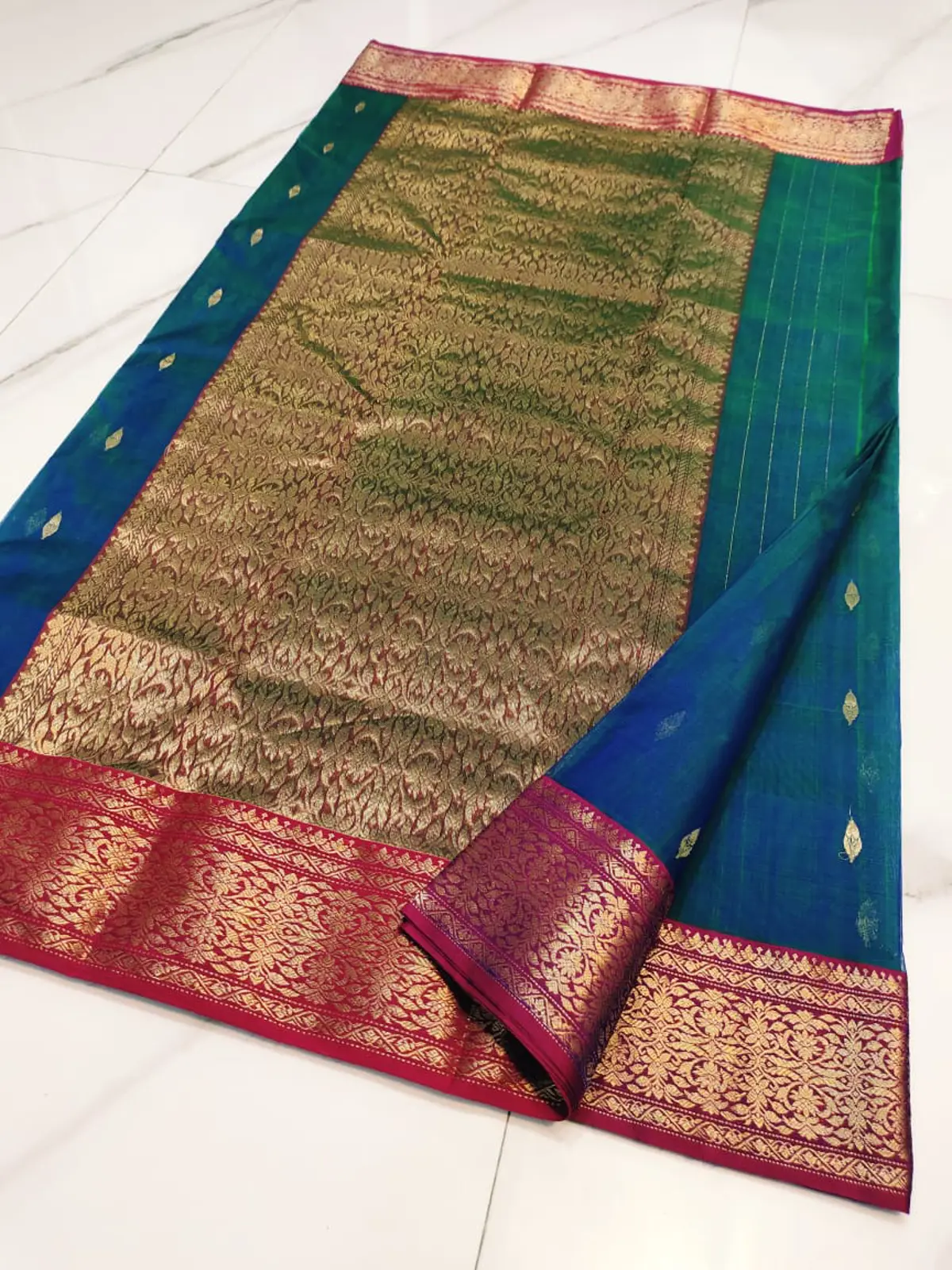 Handwoven Regal Sapphire & Antique Gold Regal Sapphire with Antique Gold Zari Buttis and Border Chanderi Silk - Authentic Chanderi Silk Saree Chanderi Saree - View 5