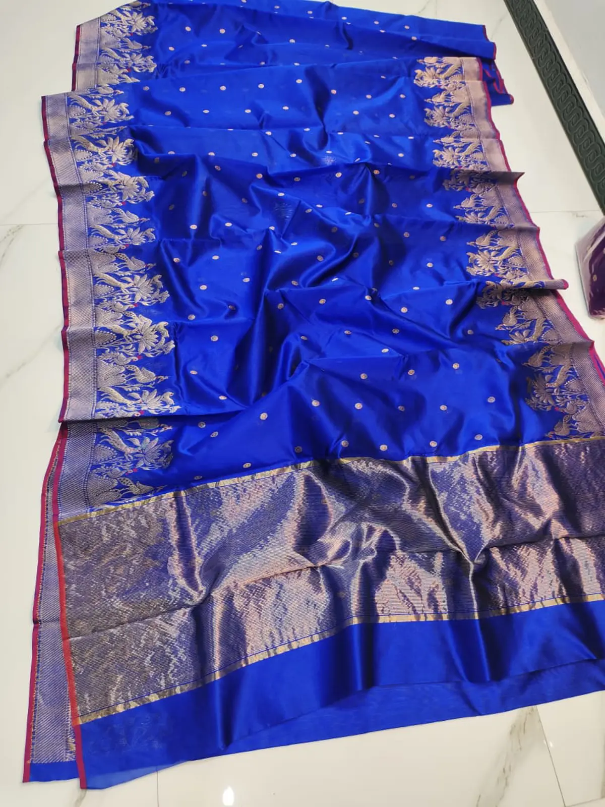 Handwoven Regal Sapphire & Antique Gold Regal Sapphire with Golden Peacock Zari Pattu Silk - Authentic Chanderi Silk Saree Chanderi Saree - View 2