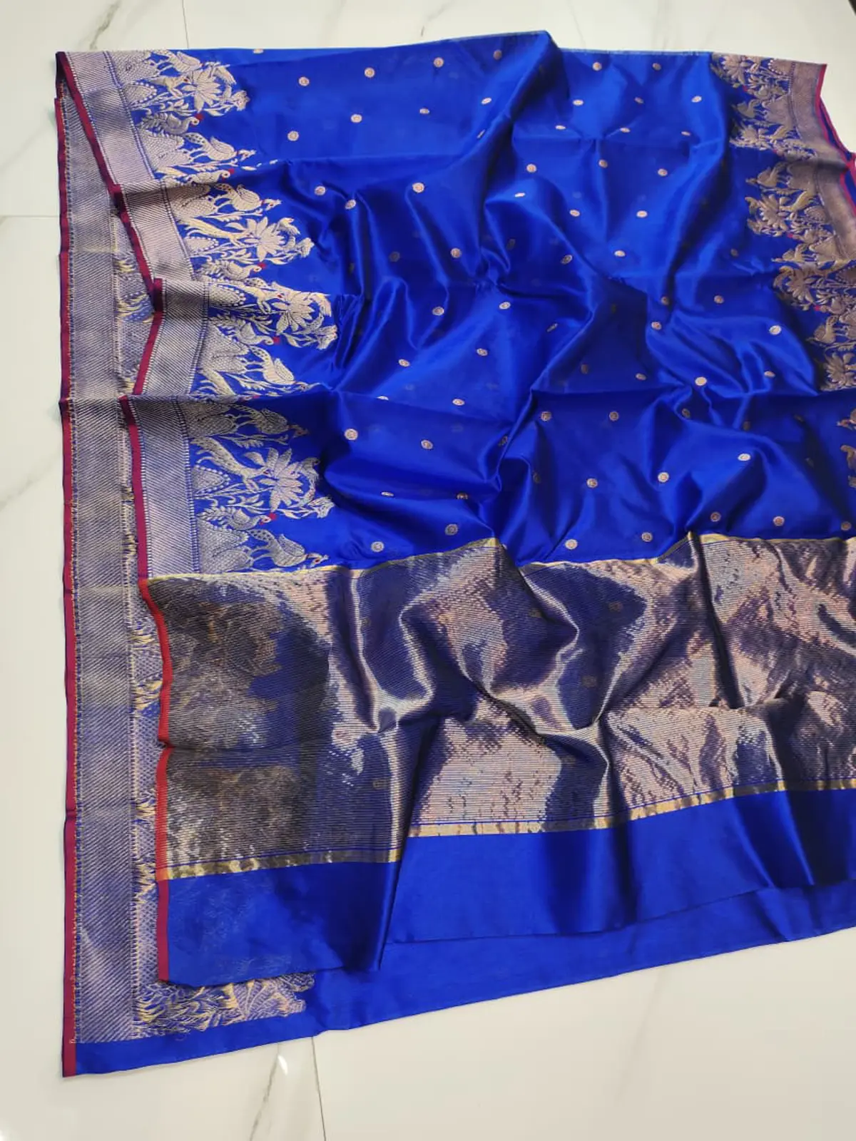 Handwoven Regal Sapphire & Antique Gold Regal Sapphire with Golden Peacock Zari Pattu Silk - Authentic Chanderi Silk Saree Chanderi Saree - View 3