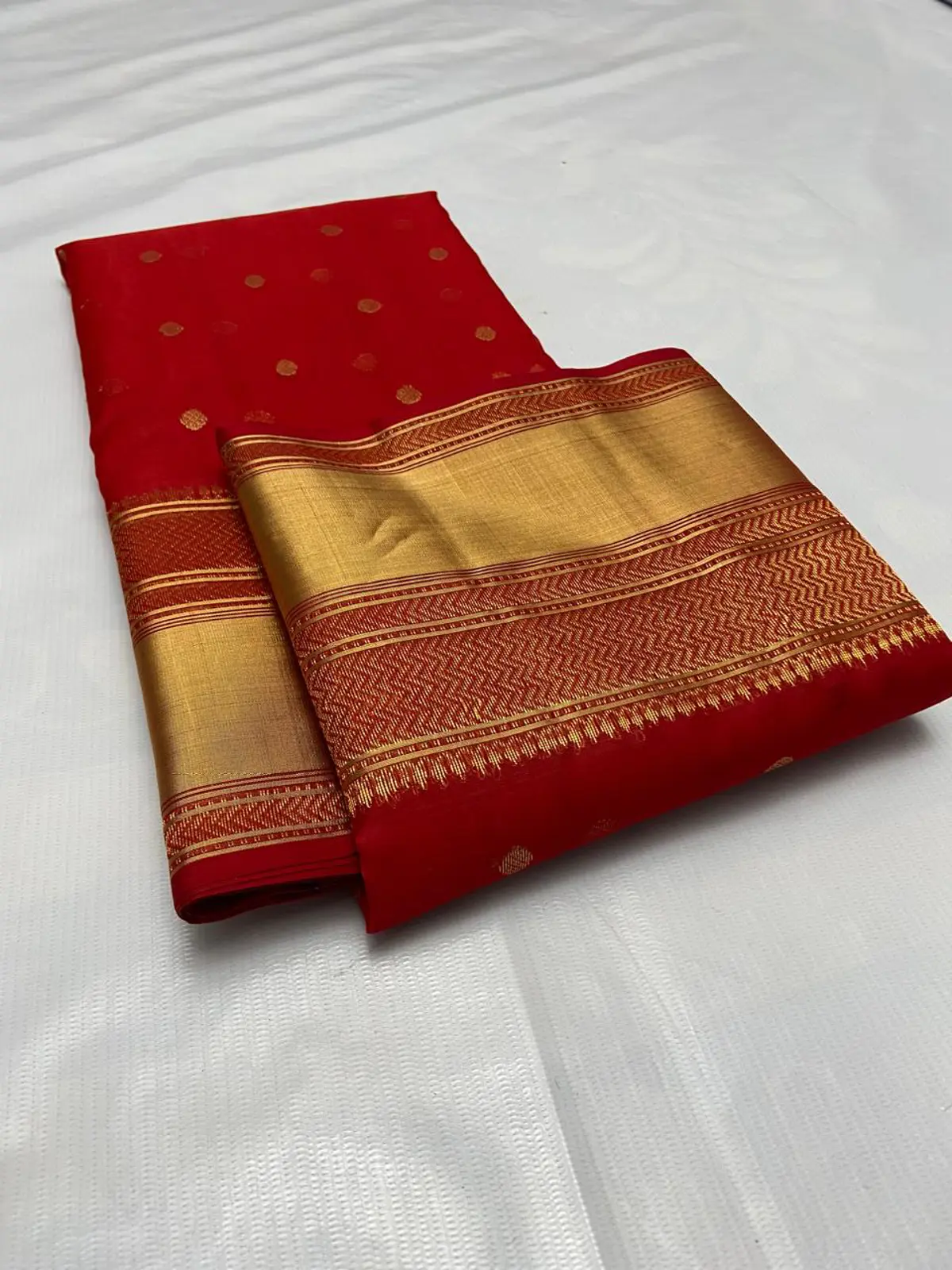 Regal Scarlet with Opulent Gold Kataan Zari Border Chanderi Saree
