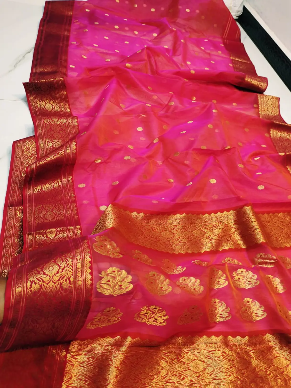 Handwoven Rose Gold Blush & Antique Gold Rose Gold Blush with Intricate Floral Zari Kataan Silk - Authentic Chanderi Silk Saree Chanderi Saree - View 1