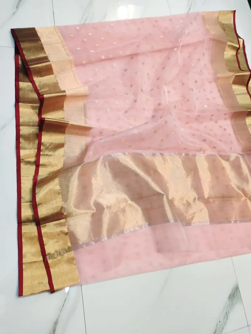 Rose Quartz with Delicate Zari Bootis and Opulent Gold Zari Border Kataan Silk