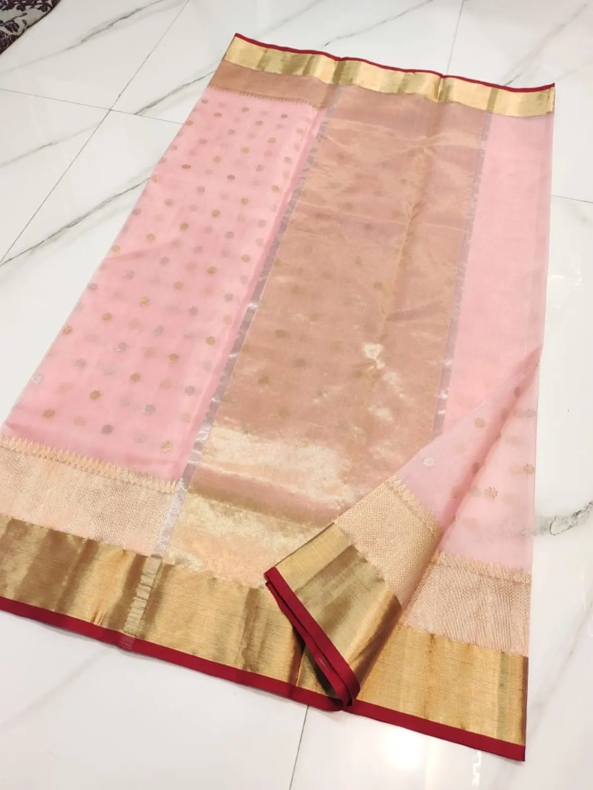 Handwoven Rose Quartz & Antique Gold Rose Quartz with Delicate Zari Bootis and Opulent Gold Zari Border Kataan Silk - Authentic Chanderi Silk Saree Chanderi Saree - View 2