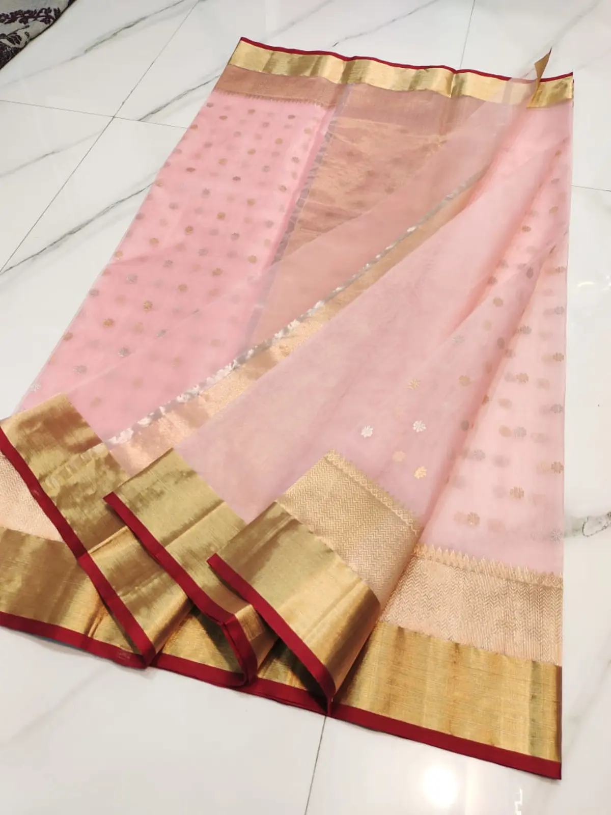 Handwoven Rose Quartz & Antique Gold Rose Quartz with Delicate Zari Bootis and Opulent Gold Zari Border Kataan Silk - Authentic Chanderi Silk Saree Chanderi Saree - View 3