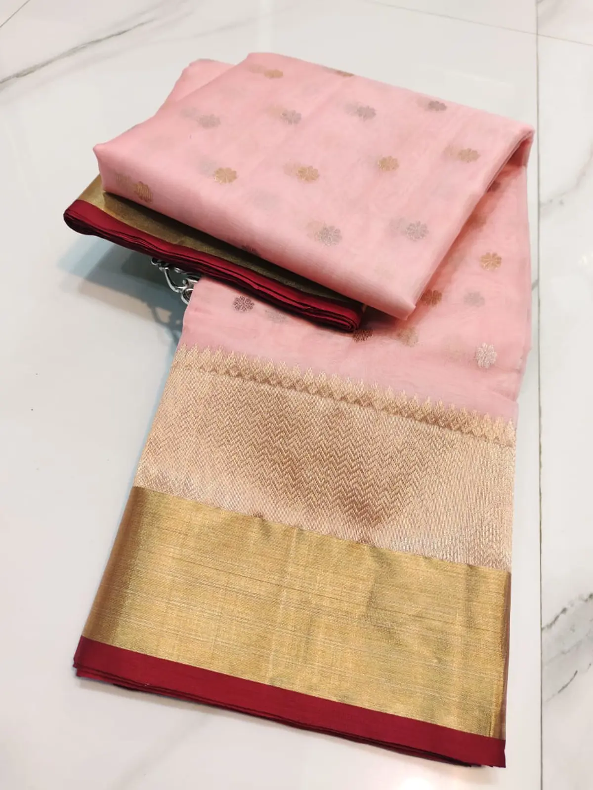 Handwoven Rose Quartz & Antique Gold Rose Quartz with Delicate Zari Bootis and Opulent Gold Zari Border Kataan Silk - Authentic Chanderi Silk Saree Chanderi Saree - View 4