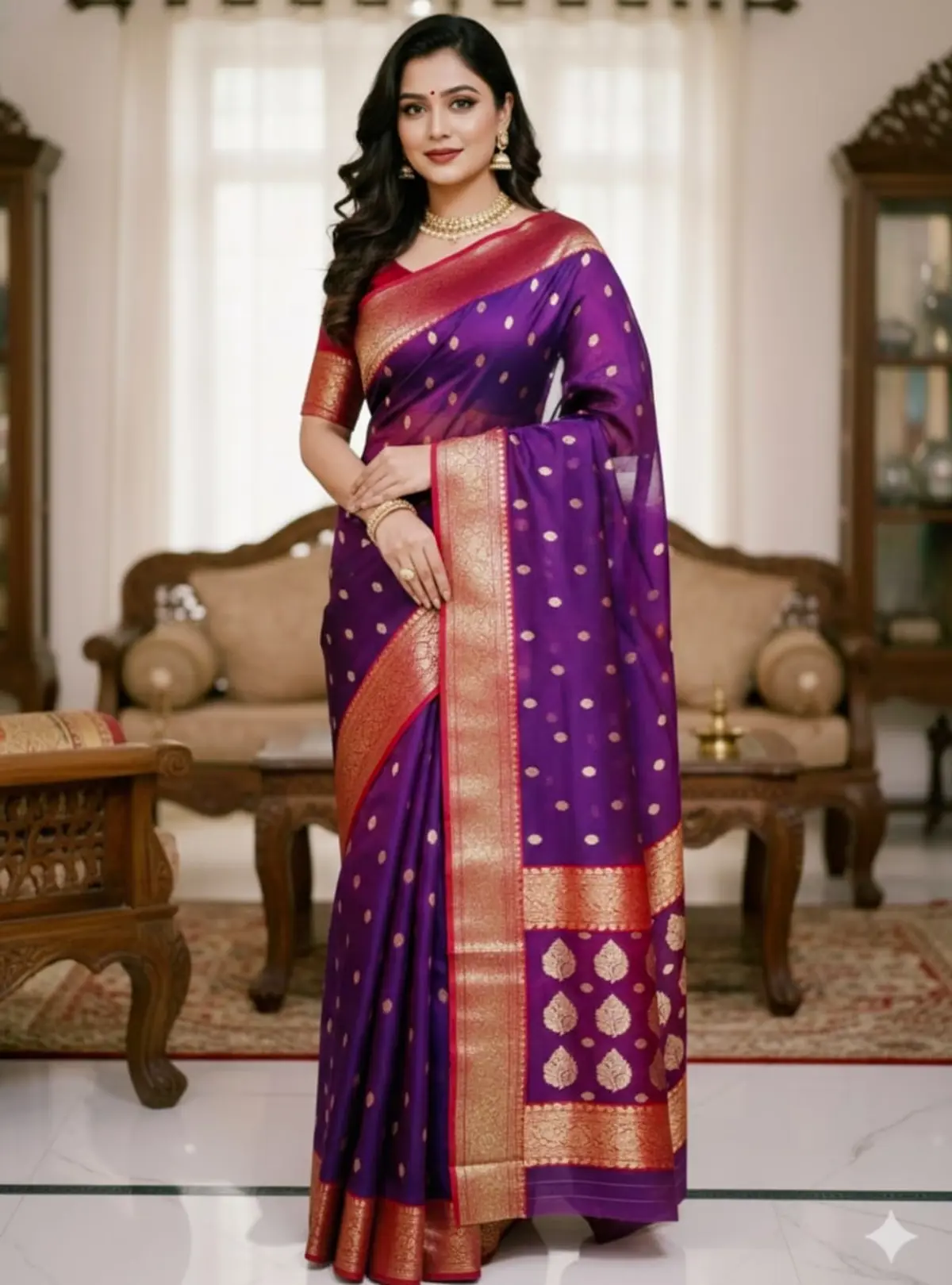 Royal Amethyst with Antique Gold Booti Kataan Silk - Handloom Chanderi Saree