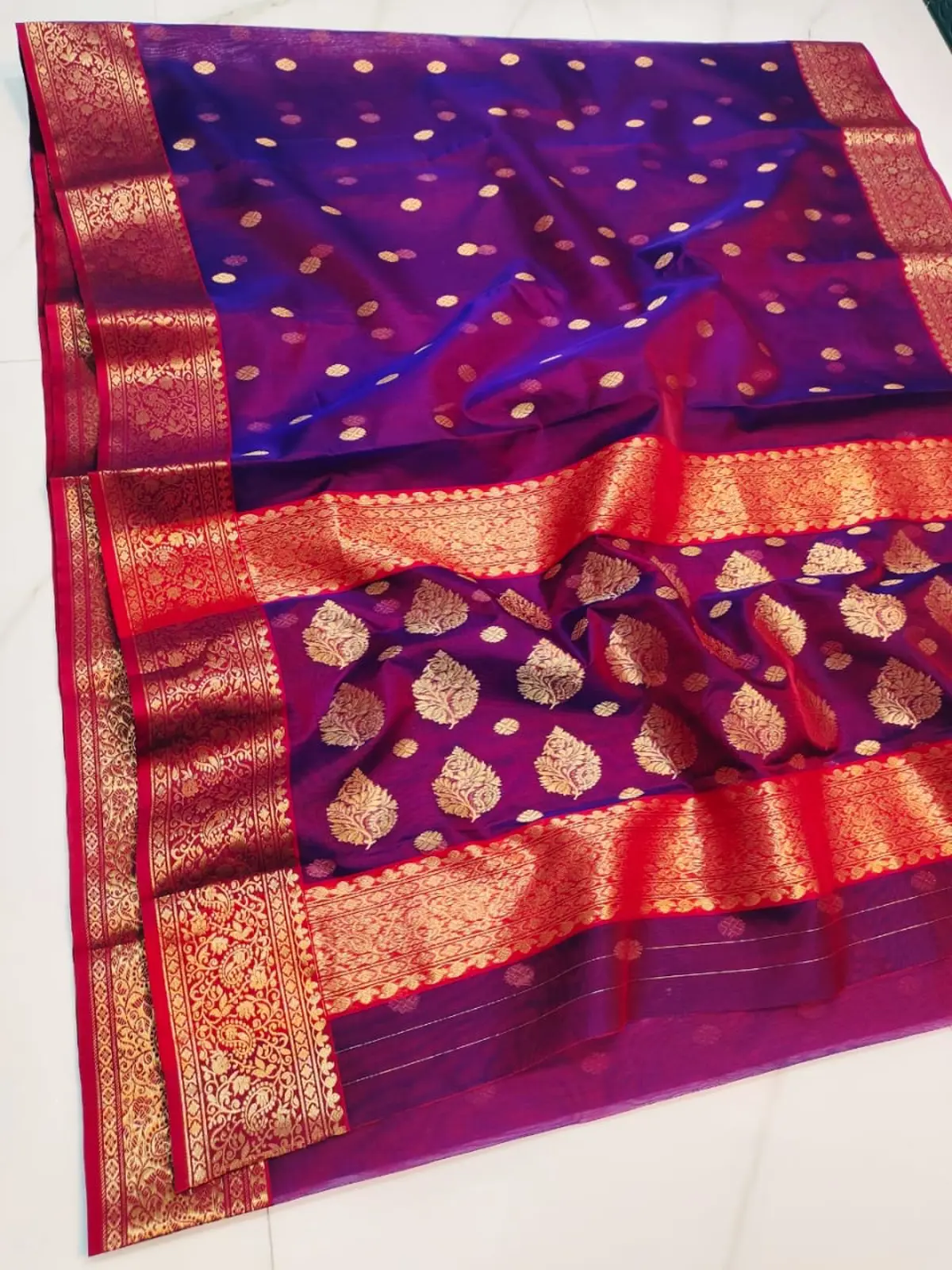 Handwoven Royal Amethyst Royal Amethyst with Antique Gold Booti Kataan Silk - Authentic Chanderi Silk Saree Chanderi Saree - View 2