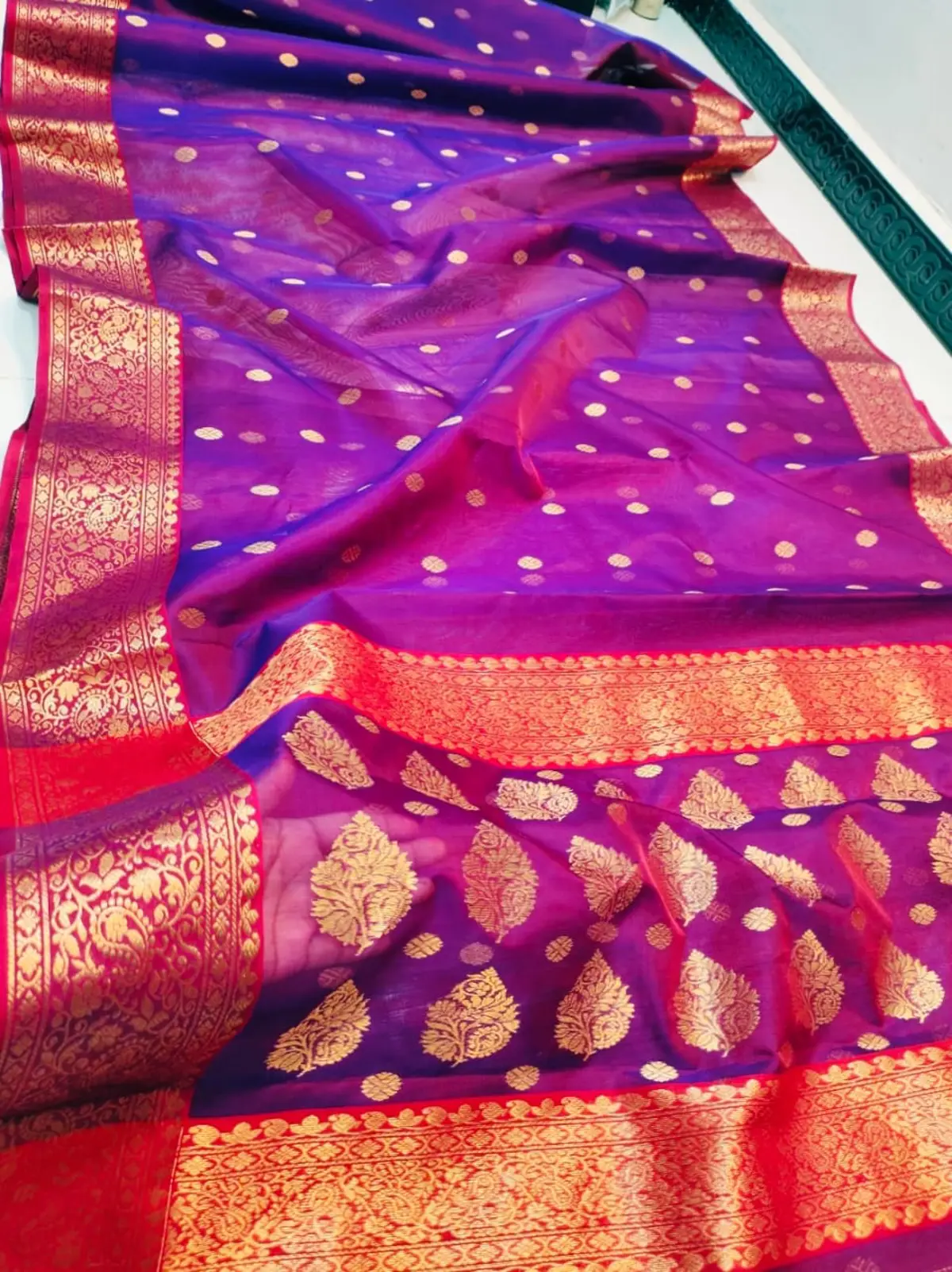 Handwoven Royal Amethyst Royal Amethyst with Antique Gold Booti Kataan Silk - Authentic Chanderi Silk Saree Chanderi Saree - View 3