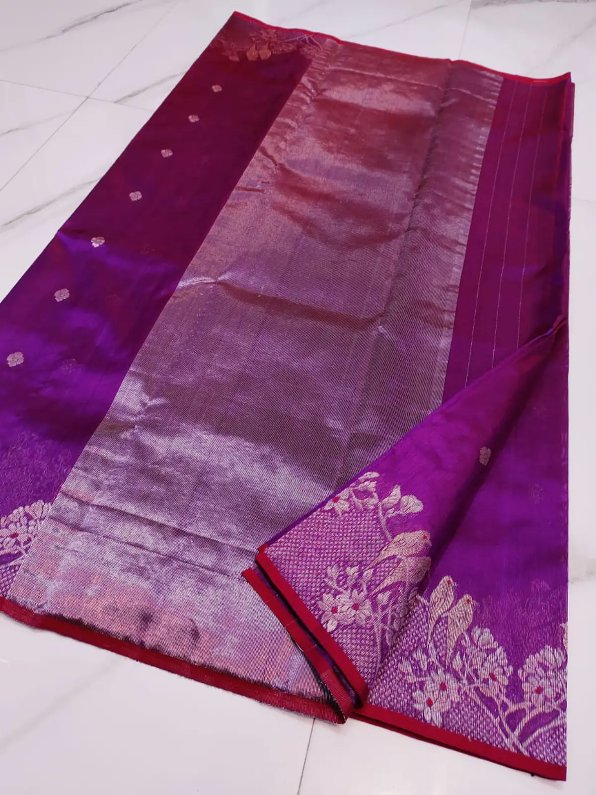 Handwoven Royal Amethyst & Silver Royal Amethyst with Silver Floral Border Pattu Silk - Authentic Chanderi Silk Saree Chanderi Saree - View 2