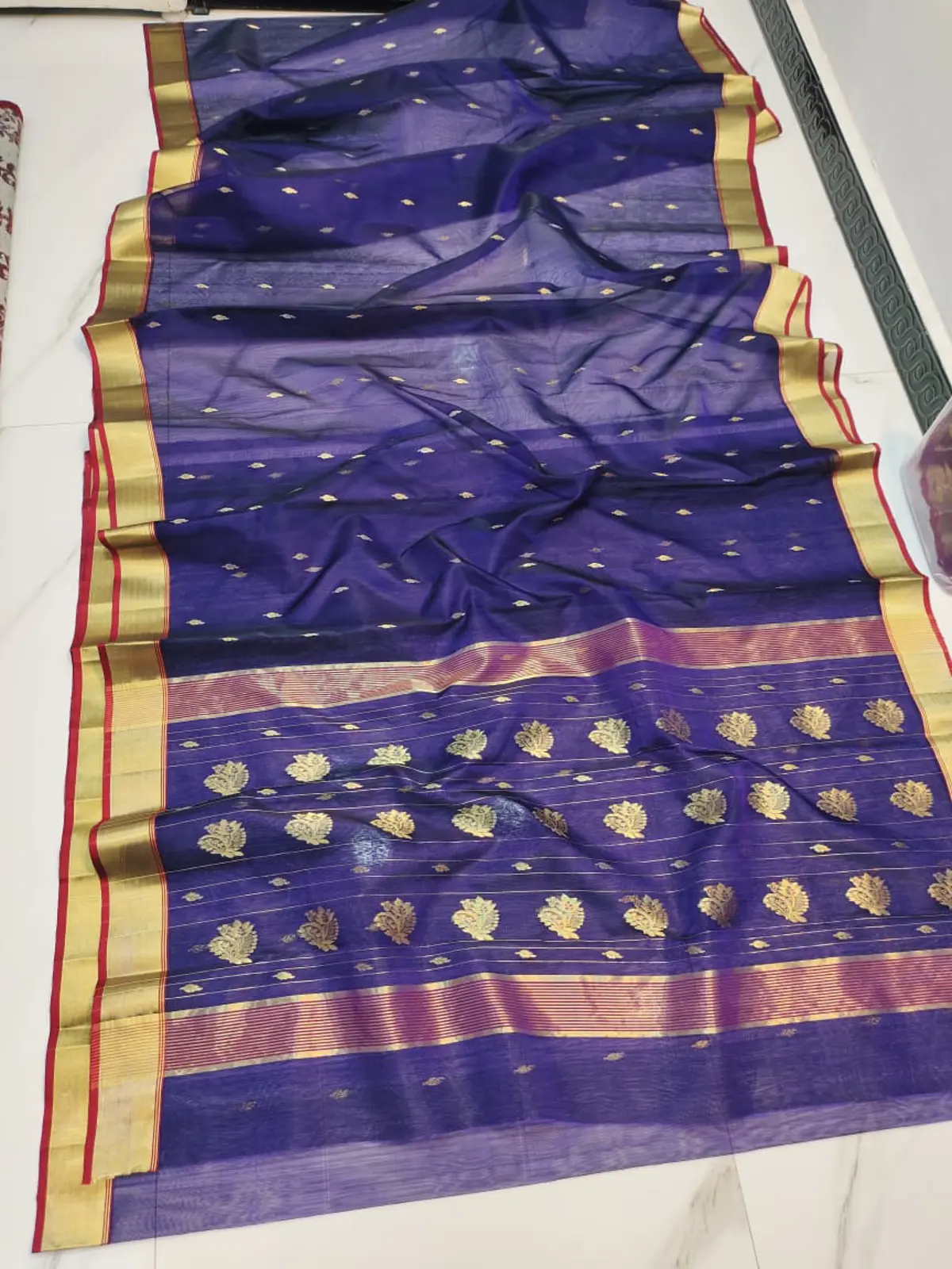 Handwoven Royal Blue Royal Blue with Gold Zari Leaf Motifs Kataan Silk - Authentic Chanderi Silk Saree Chanderi Saree - View 1