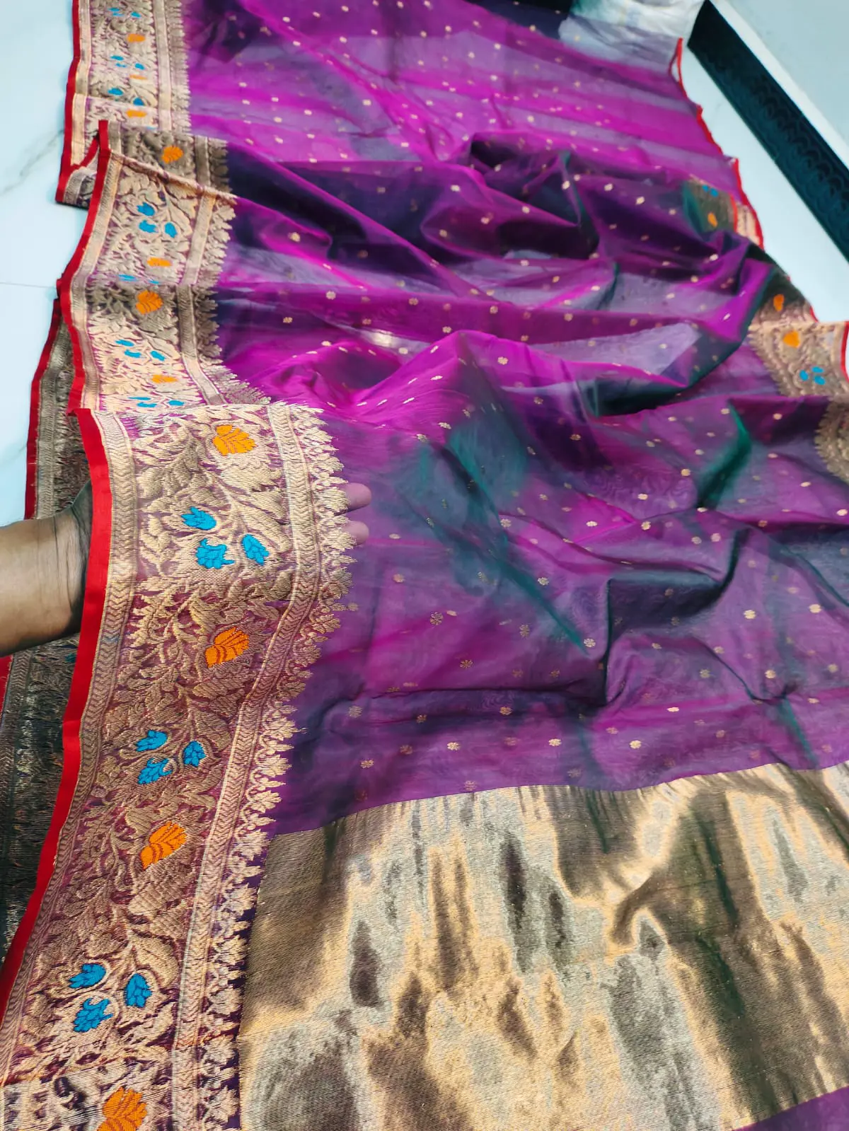 Handwoven Royal Magenta & Antique Gold with Meenakari Accents Royal Magenta with Antique Gold Zari and Floral Meenakari Kataan Silk - Authentic Chanderi Silk Saree Chanderi Saree - View 1
