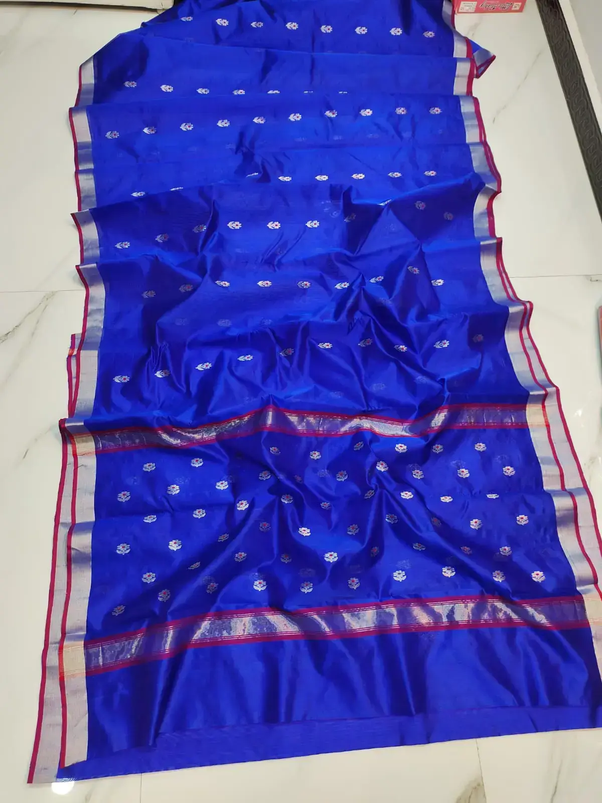 Royal Sapphire with Sterling Silver and Crimson Accents Katan Silk Saree - Handloom Chanderi Saree
