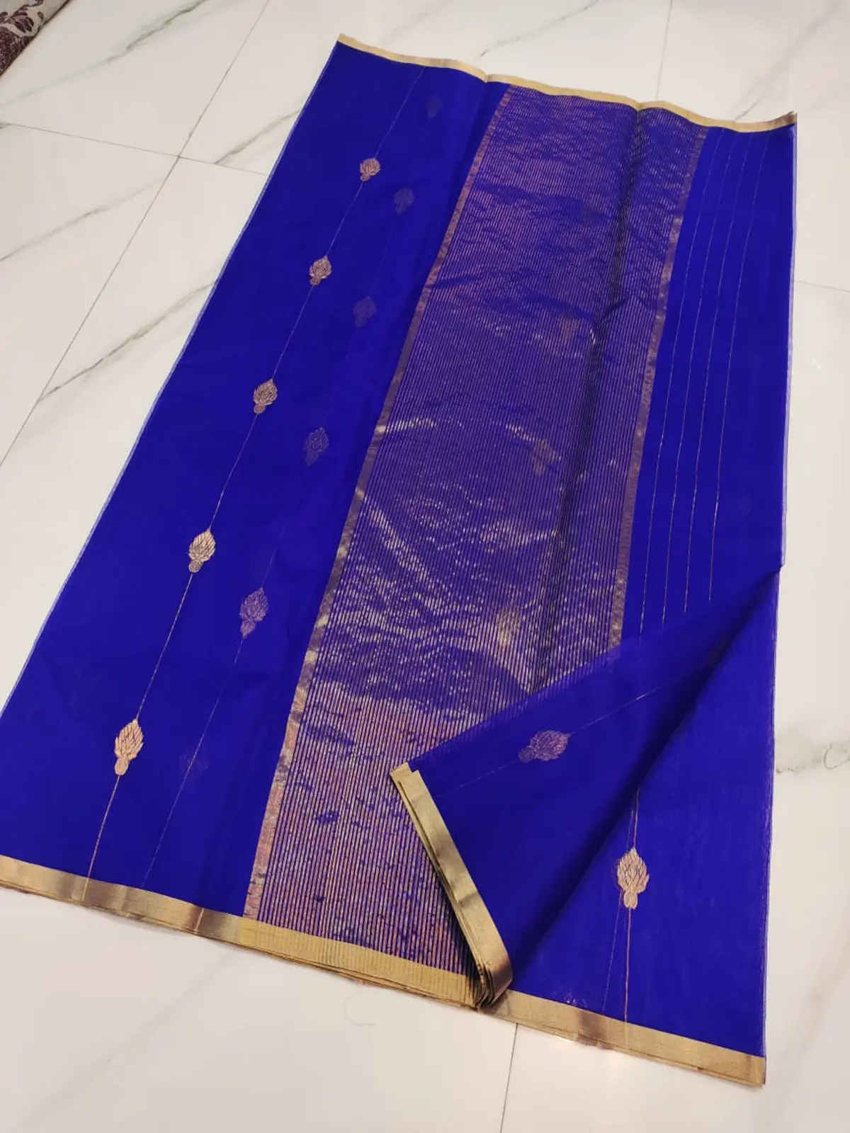 Handwoven Royal Sapphire Blue with Gold Zari Royal Sapphire with Vertical Zari Stripes and Leaf Bootis Kataan Silk - Authentic Chanderi Silk Saree Chanderi Saree - View 1