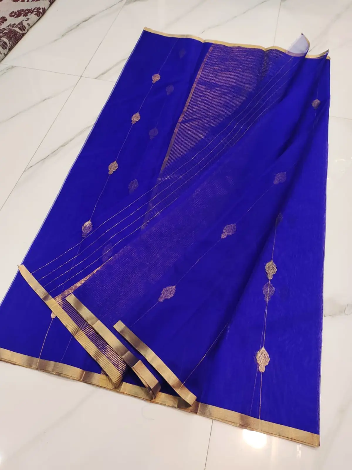 Handwoven Royal Sapphire Blue with Gold Zari Royal Sapphire with Vertical Zari Stripes and Leaf Bootis Kataan Silk - Authentic Chanderi Silk Saree Chanderi Saree - View 2