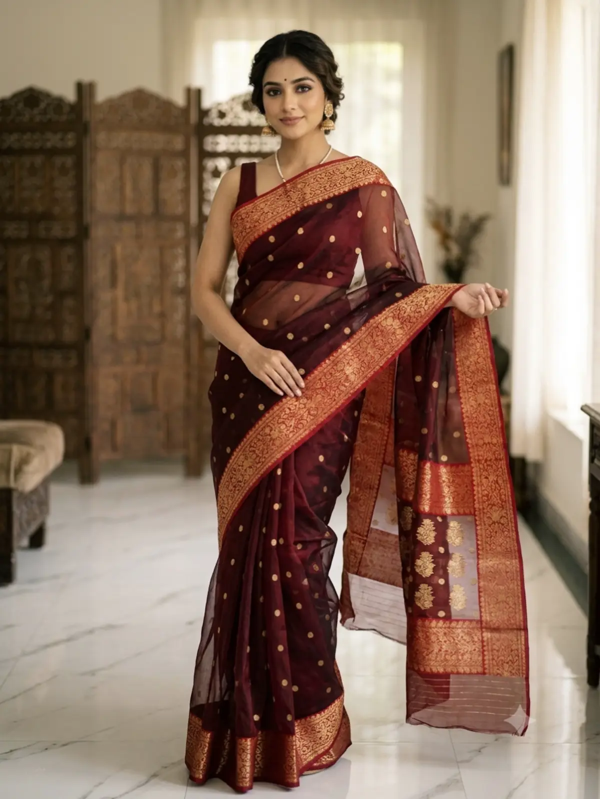 Handwoven Ruby Maroon Ruby Maroon with Antique Gold Zari Buti and Border Kataan Silk - Authentic Chanderi Silk Saree Chanderi Saree - View 1