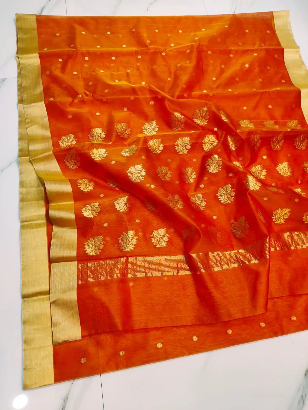Saffron Sunset & Antique Gold Kataan Silk Saree - Handloom Chanderi Saree