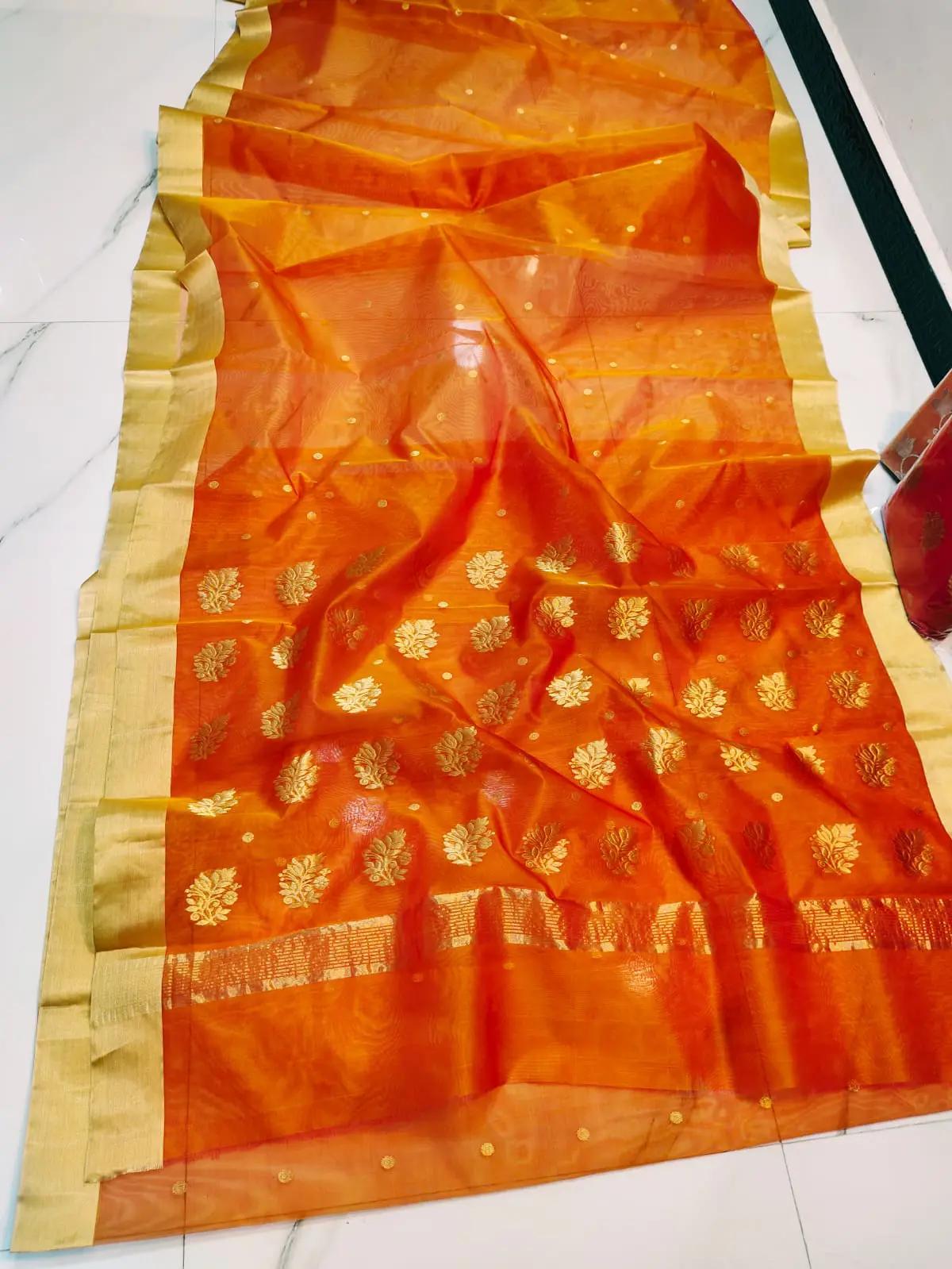 Handwoven Saffron Sunset & Antique Gold Saffron Sunset & Antique Gold Kataan Silk Saree - Authentic Chanderi Silk Saree Chanderi Saree - View 2