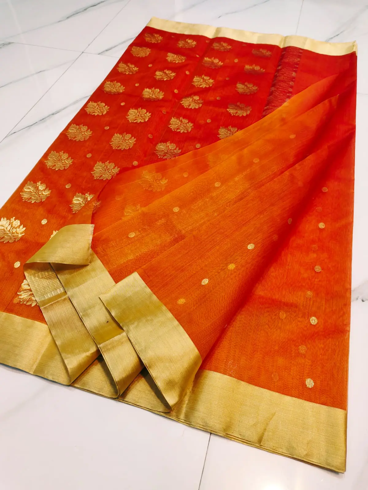 Handwoven Saffron Sunset & Antique Gold Saffron Sunset & Antique Gold Kataan Silk Saree - Authentic Chanderi Silk Saree Chanderi Saree - View 3