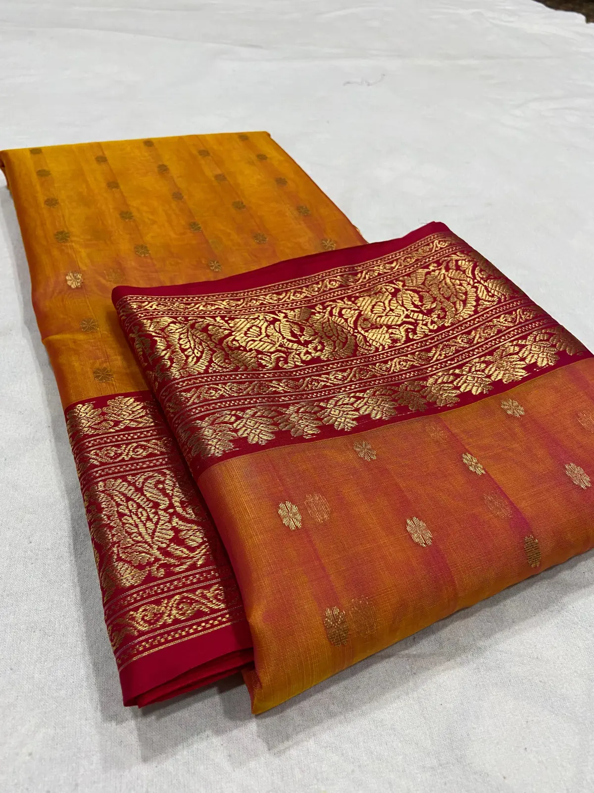 Handwoven Saffron & Crimson Saffron Sunset with Antique Gold Zari Kataan Silk - Authentic Chanderi Silk Saree Chanderi Saree