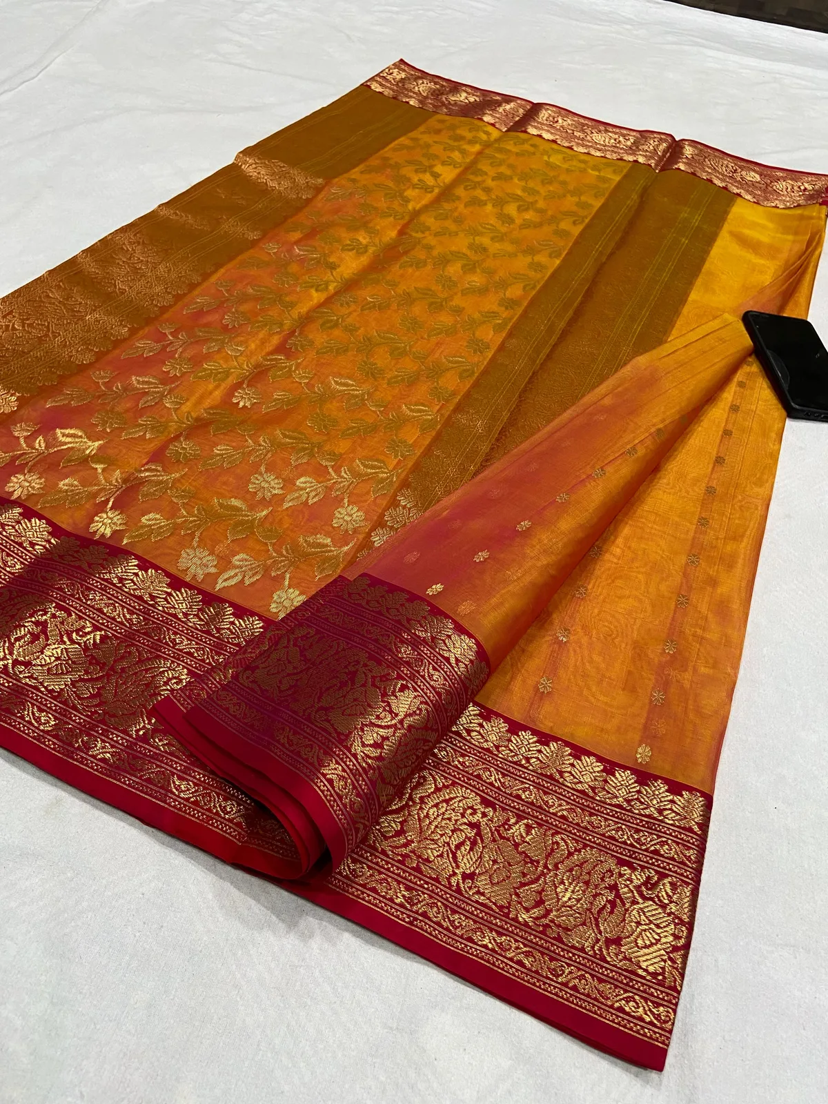 Handwoven Saffron & Crimson Saffron Sunset with Antique Gold Zari Kataan Silk - Authentic Chanderi Silk Saree Chanderi Saree - View 2