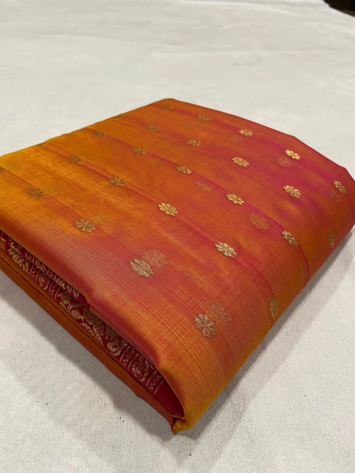 Handwoven Saffron & Crimson Saffron Sunset with Antique Gold Zari Kataan Silk - Authentic Chanderi Silk Saree Chanderi Saree - View 3