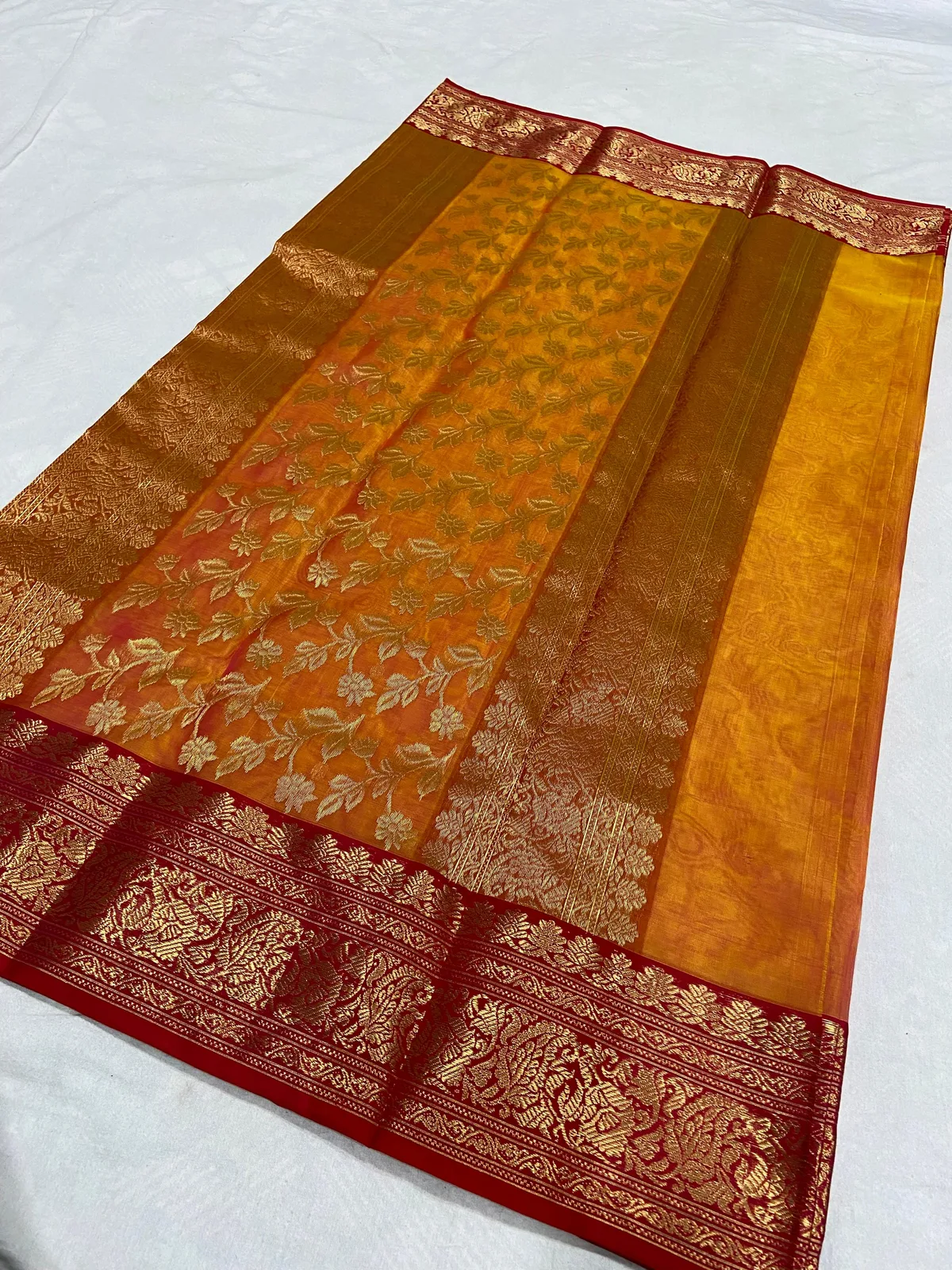 Handwoven Saffron & Crimson Saffron Sunset with Antique Gold Zari Kataan Silk - Authentic Chanderi Silk Saree Chanderi Saree - View 4
