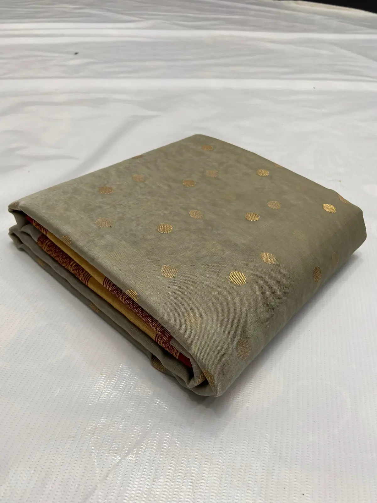 Handwoven Sage Green Sage Green with Gold Booti Kataan Silk - Authentic Chanderi Silk Saree Chanderi Saree - View 1