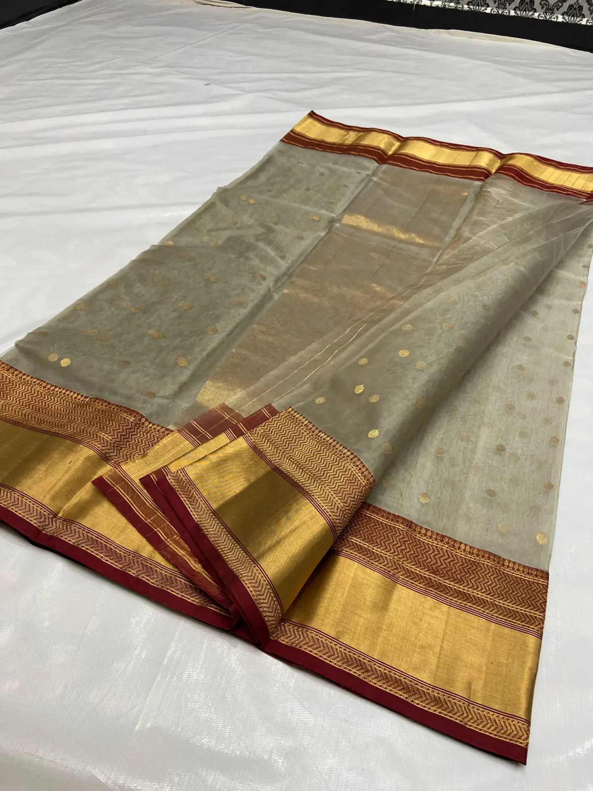 Handwoven Sage Green Sage Green with Gold Booti Kataan Silk - Authentic Chanderi Silk Saree Chanderi Saree - View 5