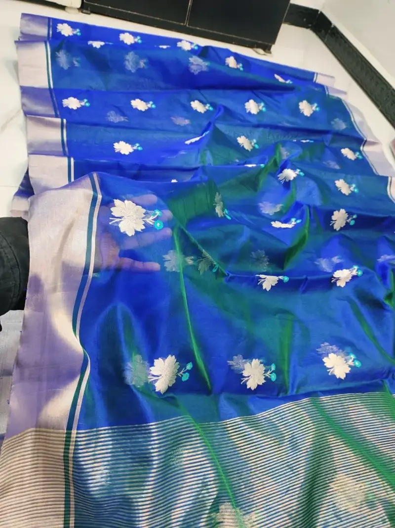 Sapphire Blue with Verdant Undertones and Silver Zari Floral Buttis Chanderi Silk