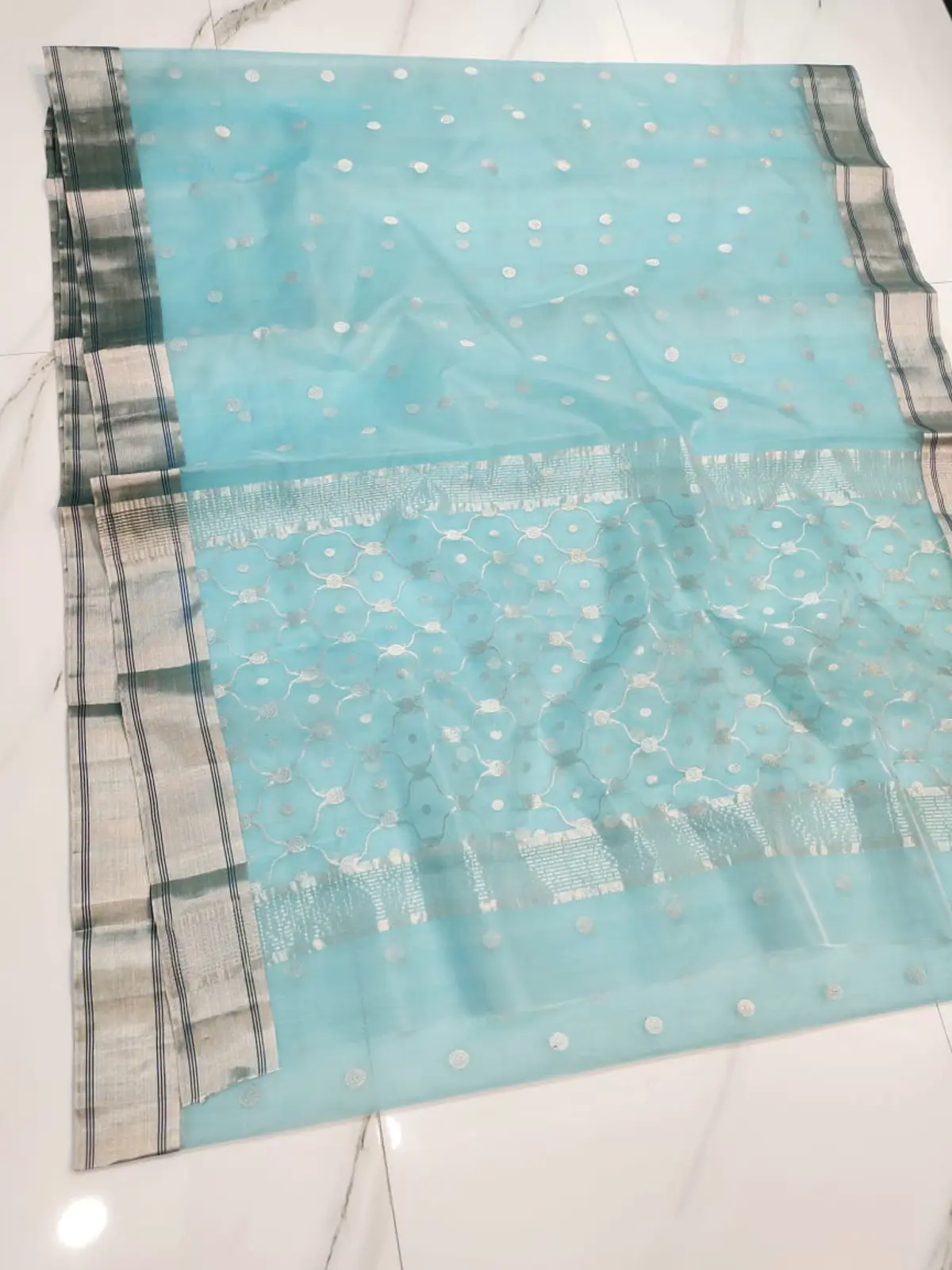 Sky Blue with Silver Booti Kataan Silk